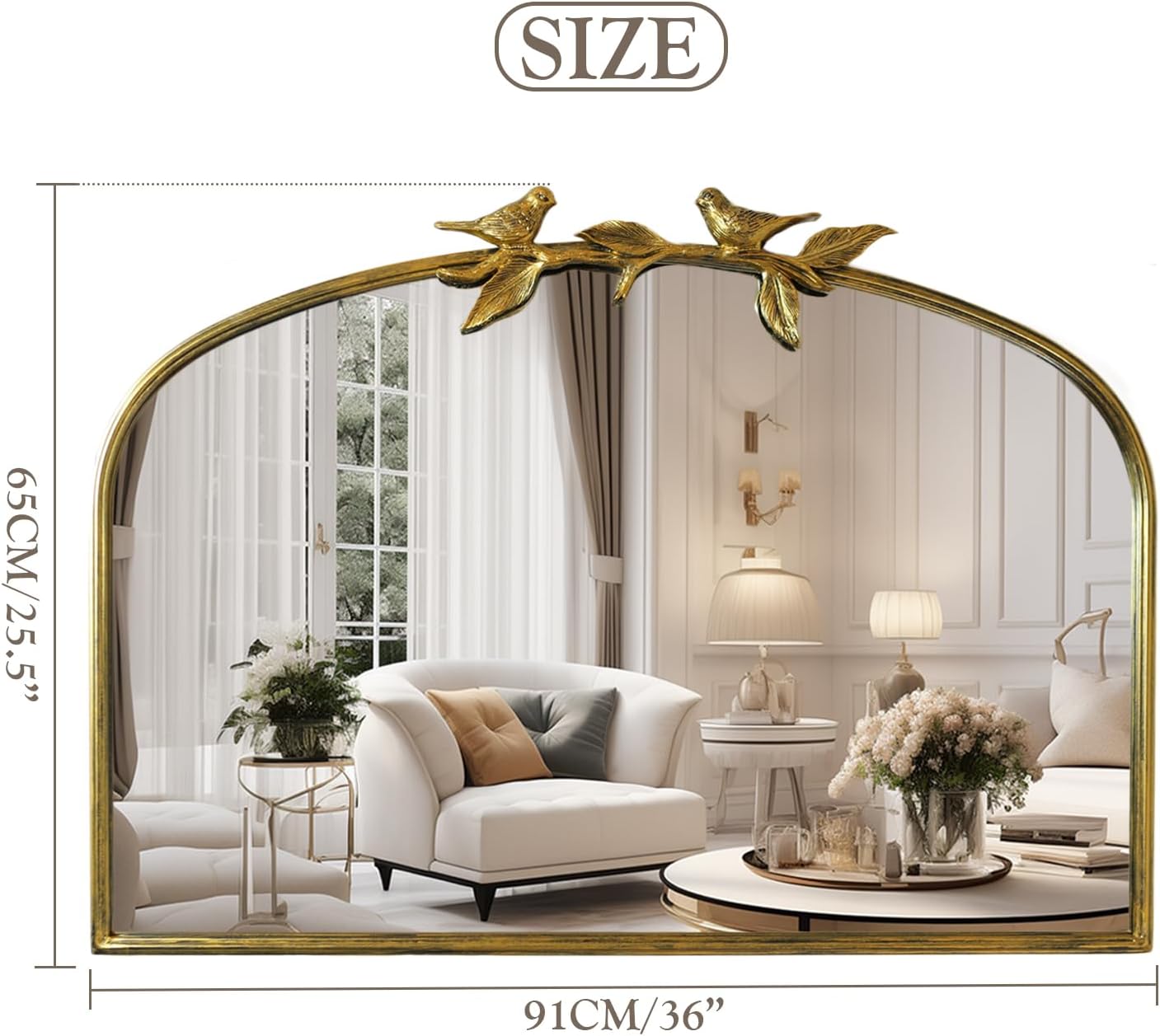 Gold Vintage Mirror - 36x24 Inch, Arched Antique Mirror with Ornate Frame for Bathroom, Living Room, Fireplace, Entryway