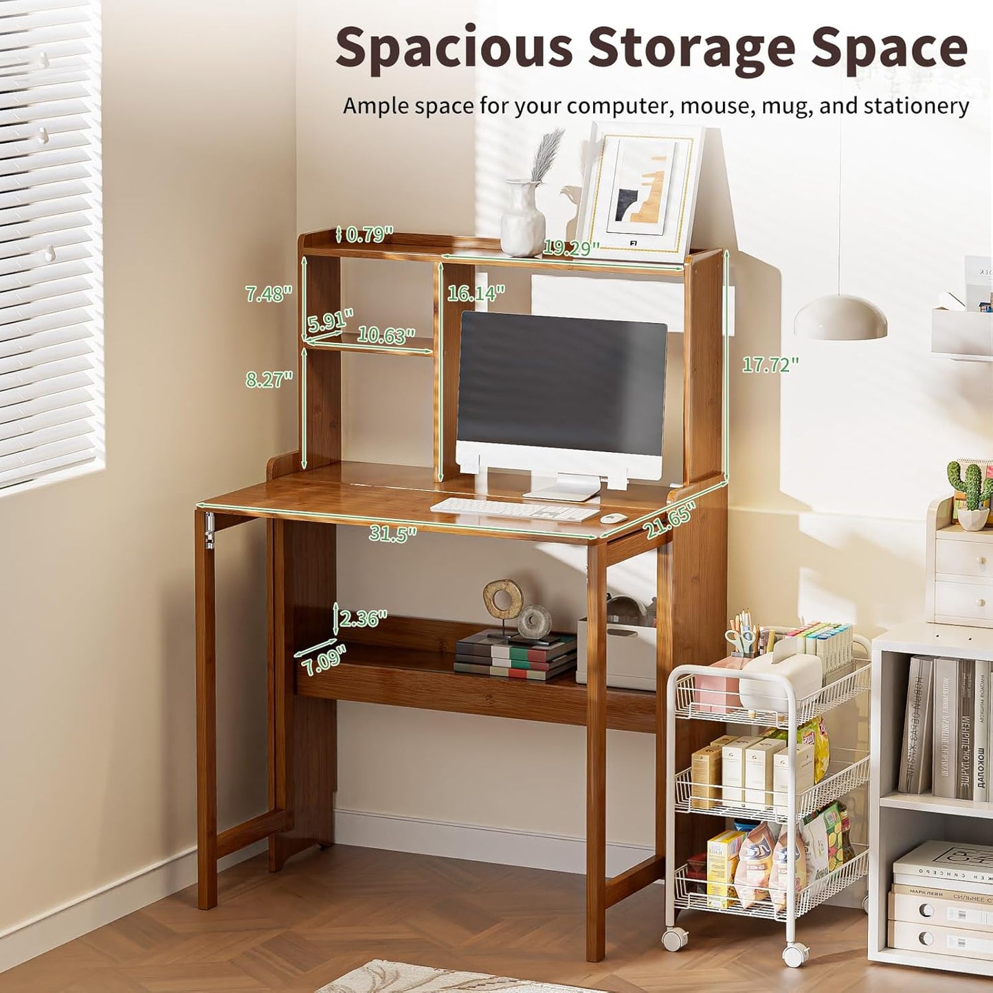 Bamboo Folding Desk with Storage Rack Mid Century Modern Desk for Home Office Bedroom Small Spaces, Brown