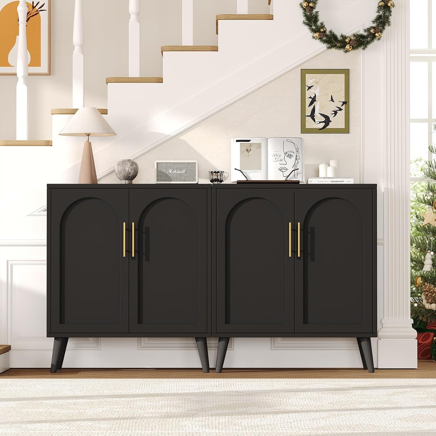 Rovaurx Set of 2 Storage Cabinet with 4 Doors, Accent Bathroom Floor Cabinet, Modern Sideboard Buffet Closet for Living Room, Entryway, Dining Room and Kitchen, Black BMGZ108B02