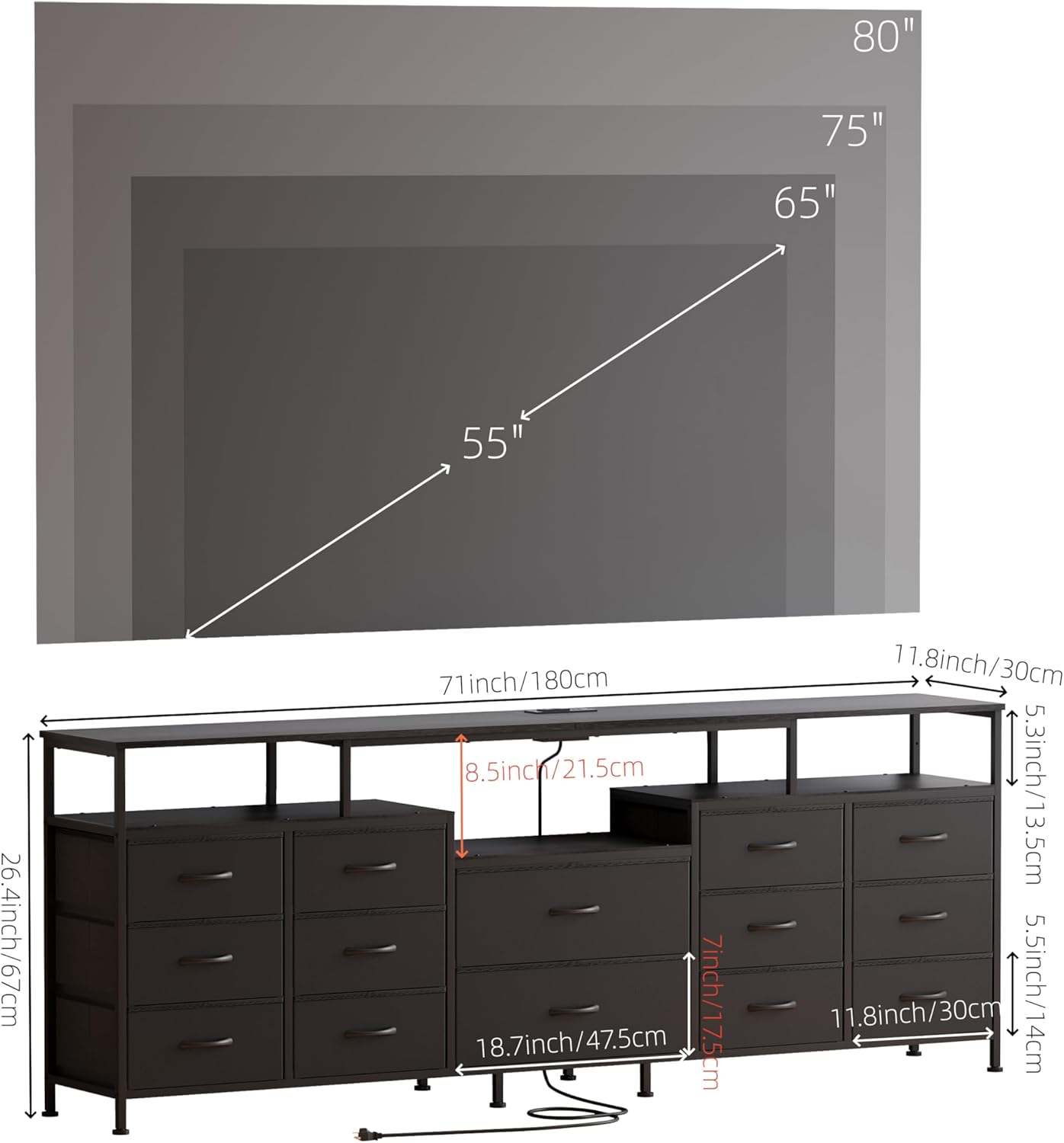 70.9" W Large TV Stand for 65/75/80 inchs TVs,14 Drawer Long Dresser with Charging Station and LED Lights,Entertainment Center with Storage for Living Room (Black, 70.9" W)