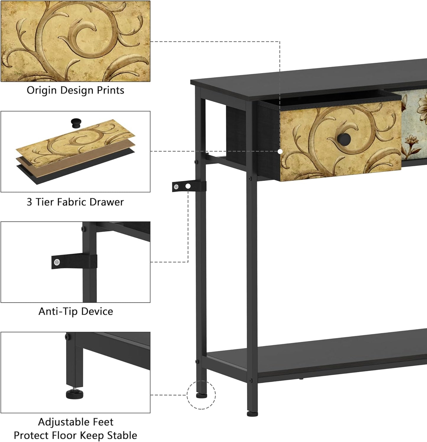 Tohomeor Entryway Console Table with 3 Retro Flowers Fabric Drawers Boho Narrow Long Behind Couch Farmhouse Sofa Table with Bottom Open Storage Shelf for Hallway Living Room Foyer (Black, 3 Drawers)