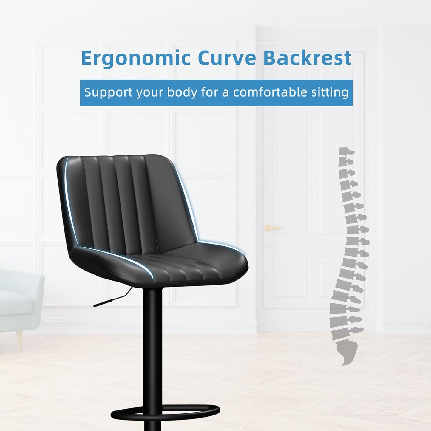 Shintenchi Swivel Bar Stools Set of 4, Adjustable Faux Leather Upholstered Swivel Counter Stools, Armless Bar Height Island Chairs with Back and Footrest, Black