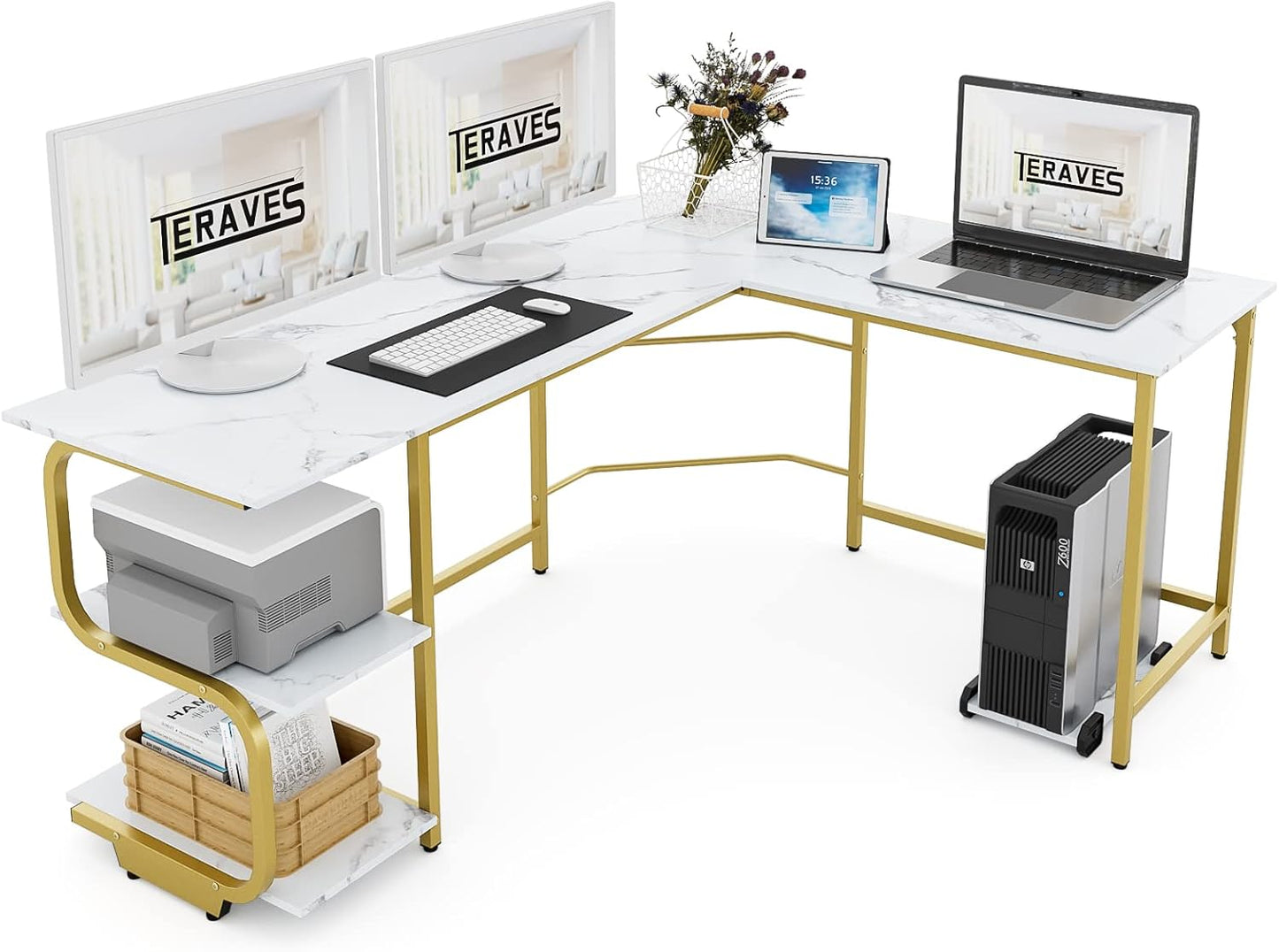 Teraves Reversible L Shaped Desk with Large Surface, 69 Inch Sturdy Corner Desk with Storage Shelves, Premium Office Computer Desk Workstation for Home Office Gaming