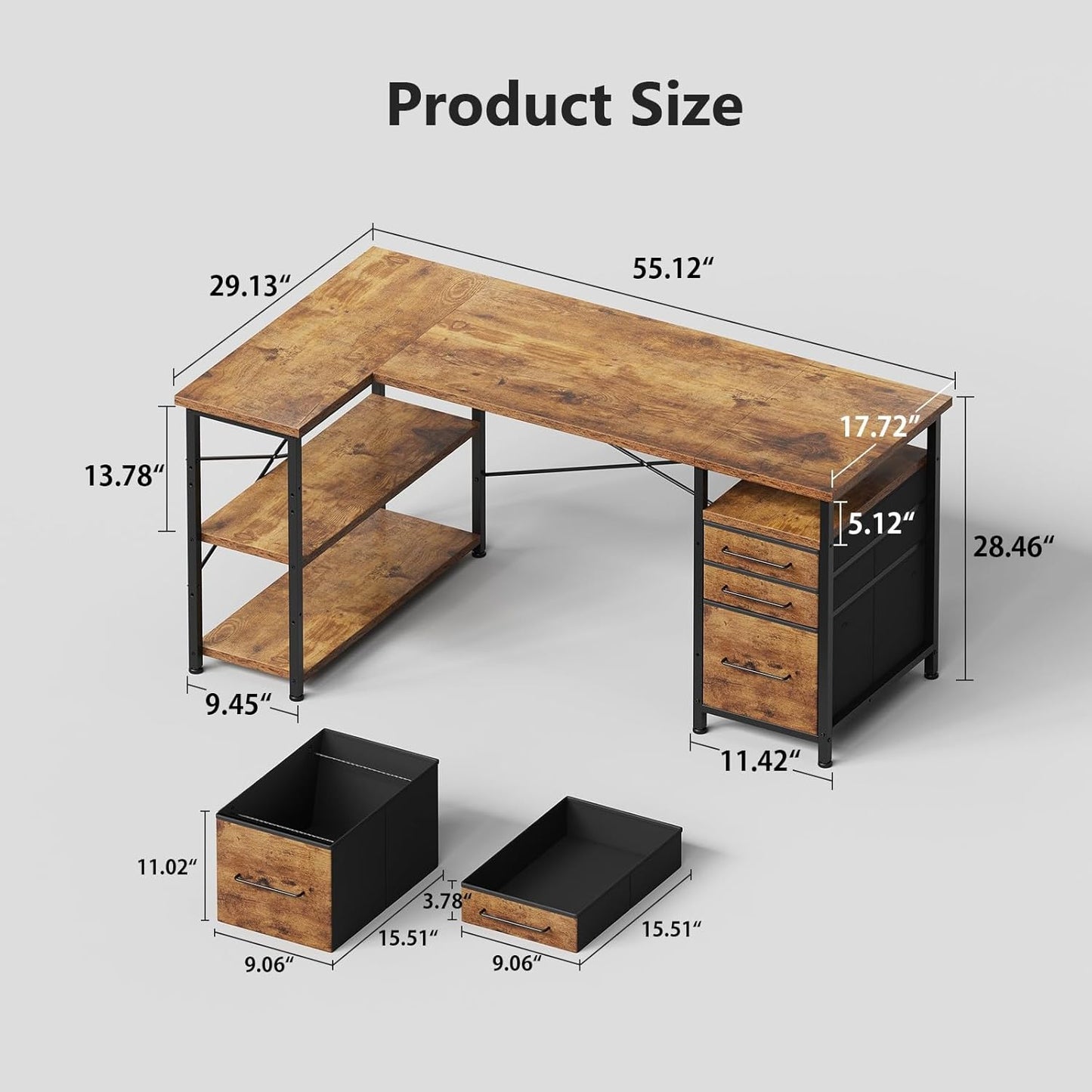 55" Computer Desk with Drawers, Desks for Bedrooms, Writing Desk with Storage, Work Desk for Small Space, Rustic Brown