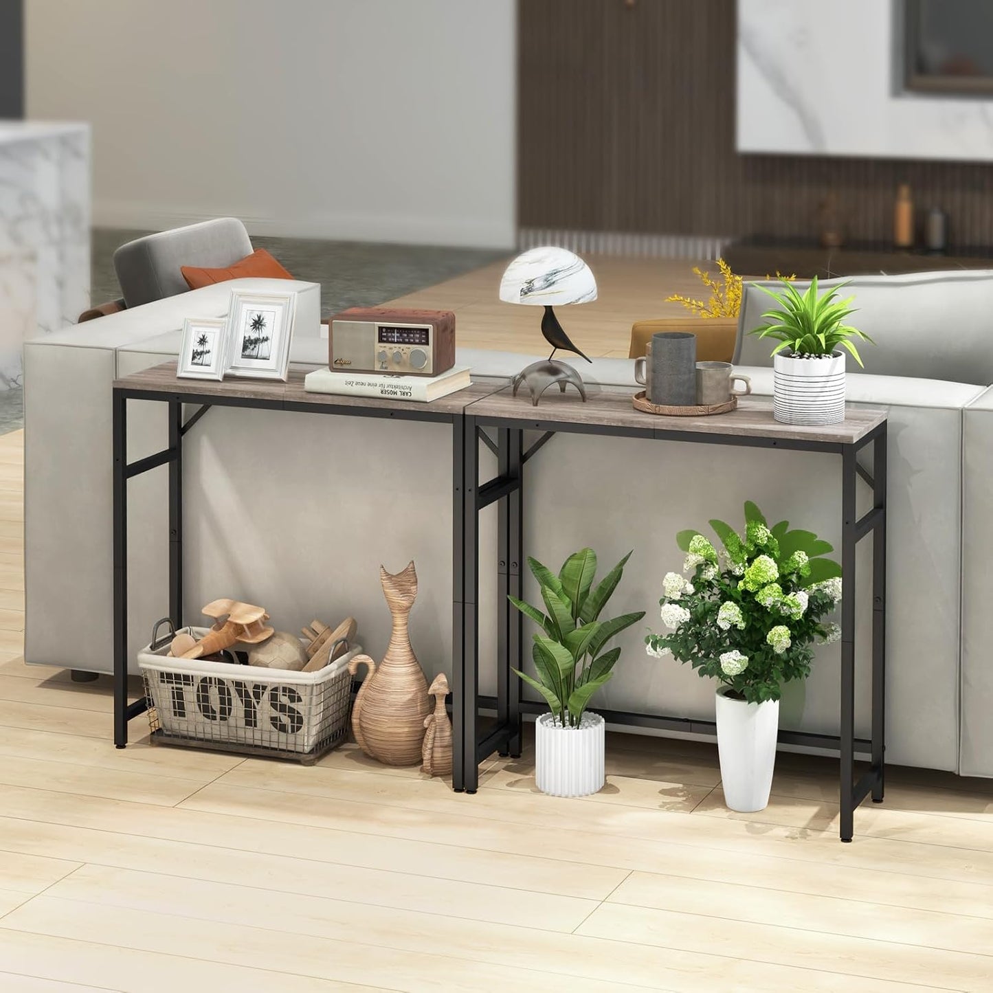 Narrow Console Table, 29.5" Small Entryway Table, Sofa Table with 2 Support Bar, Industrial Couch Table, Thin Side Table, Display Tables for Living Room, Hallway, Bedroom, Foyer, Grey