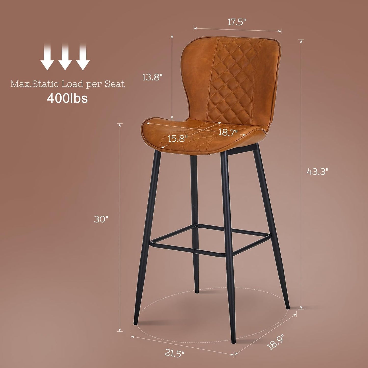 VECELO Quilted Bar Stools Set of 2, Bar Height Bar Stools with Back & Footrest, PU Leather with Stitching, Mid-Century Modern, 100% Virgin Cotton, 30" Tall, for Kitchen Home Bar, Caramel Brown