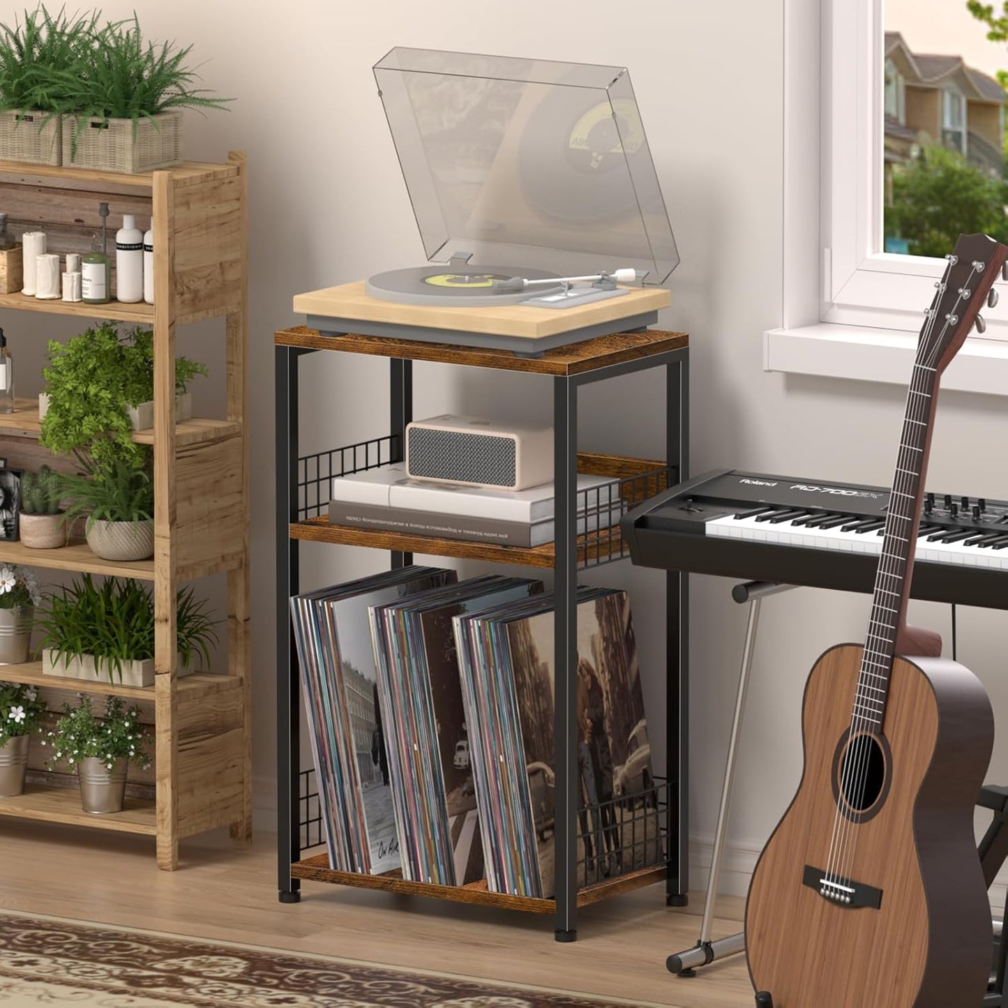 LELELINKY End Table with Storage, Brown Nightstand for Small Spaces,3 Tier Record Player Stand with Vinyl Storage Shelf, Sofa Couch Side Tables for Living Room Bedroom