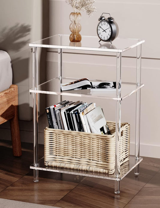Acrylic Side Table Clear 3-Tier End Table for Living Room, Office, Hallway, Bedroom Small Bedside Table