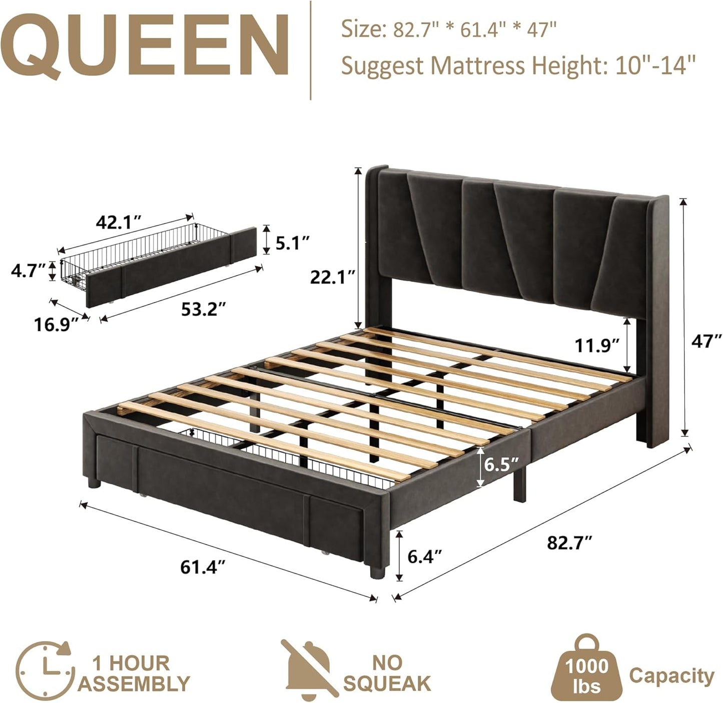 Queen Bed Frame with Storage Drawers, Upholstered Platform Bed with Headboard and Wingboard, No Box Spring Needed, Noise Free, Easy Assembly, Wooden Support Slats, Black