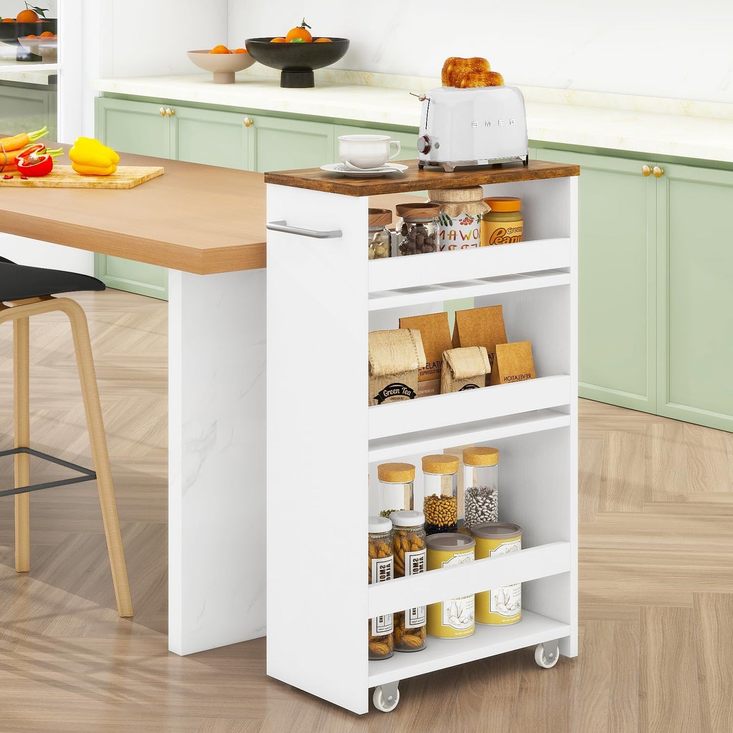 IBUYKE Slim Storage Cart 7.9" W, Rolling Kitchen Storage cart on Wheels for Small Spaces, 4-Tier Laundry Cart with Handle, Slide Out Utility Cart for Kitchen, Bathroom, Laundry,White UWST005W-L