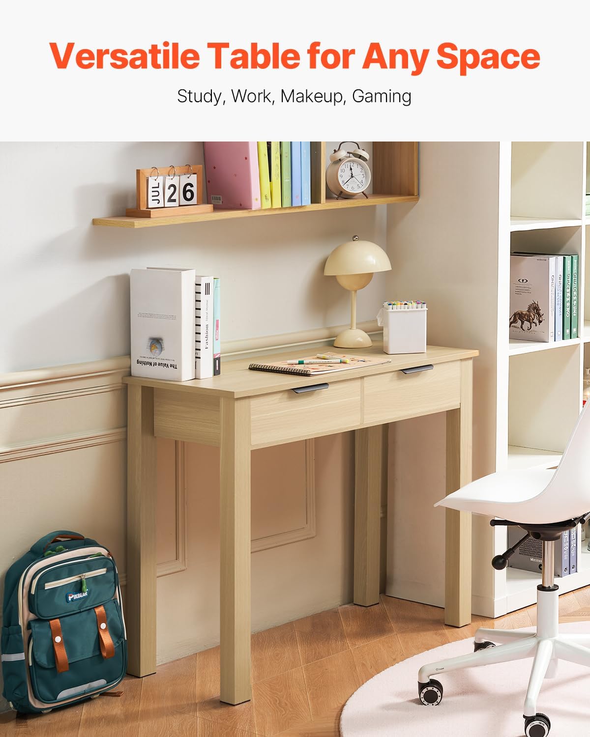 VEVOR Small Desk with Drawers, Wooden Table for Home Office, Small Computer Desk with Storage, Vanity Desk with Drawers, Study Table for Adults/Students for Drawing, Reading, Writing, Light Wood