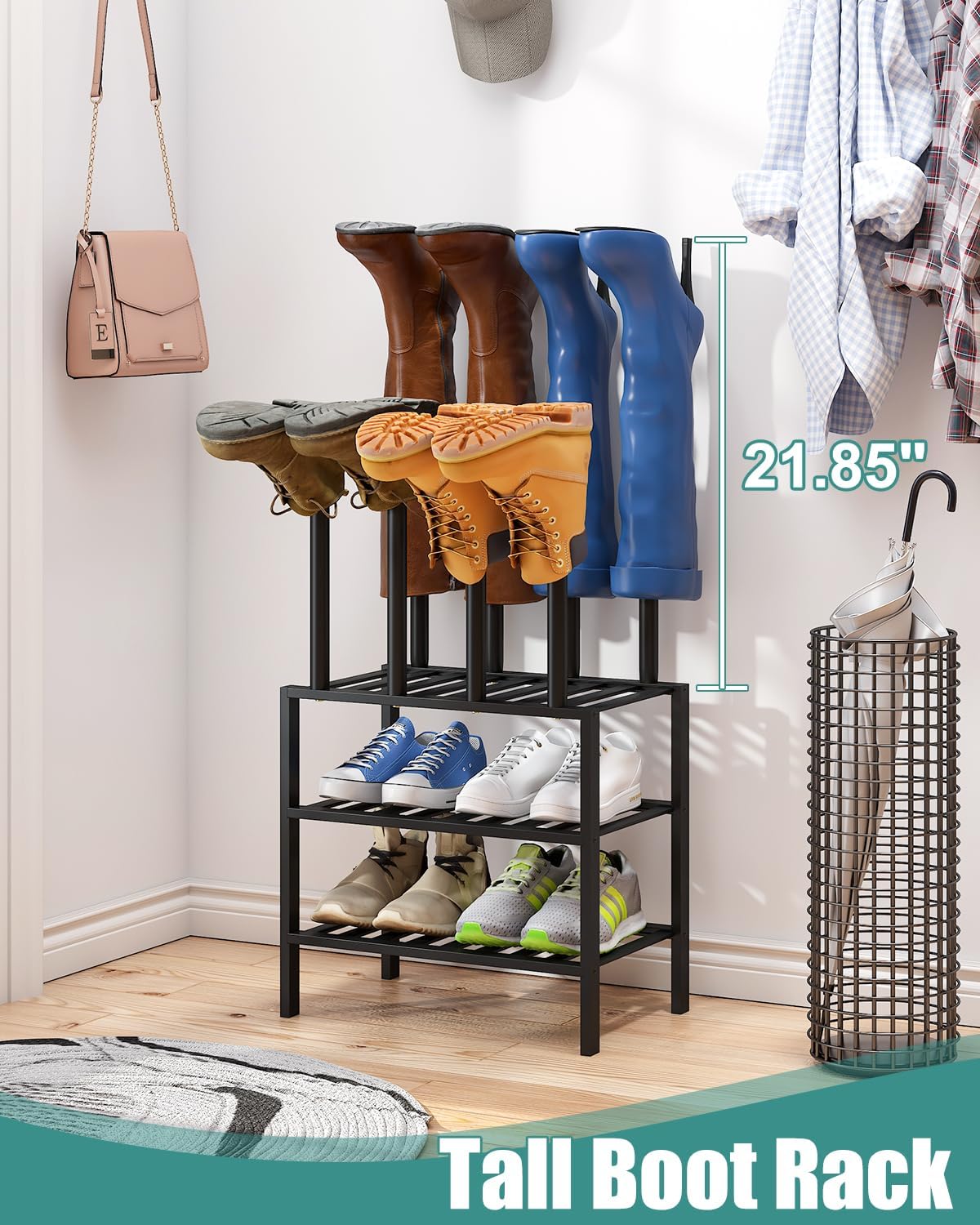 Black Boot Rack, Small Boot Rack Organizer Tall Boots with Shoe Rack for Closet, Bamboo Wood Shoe Shelf Storage Organizer for Entryway Small Space