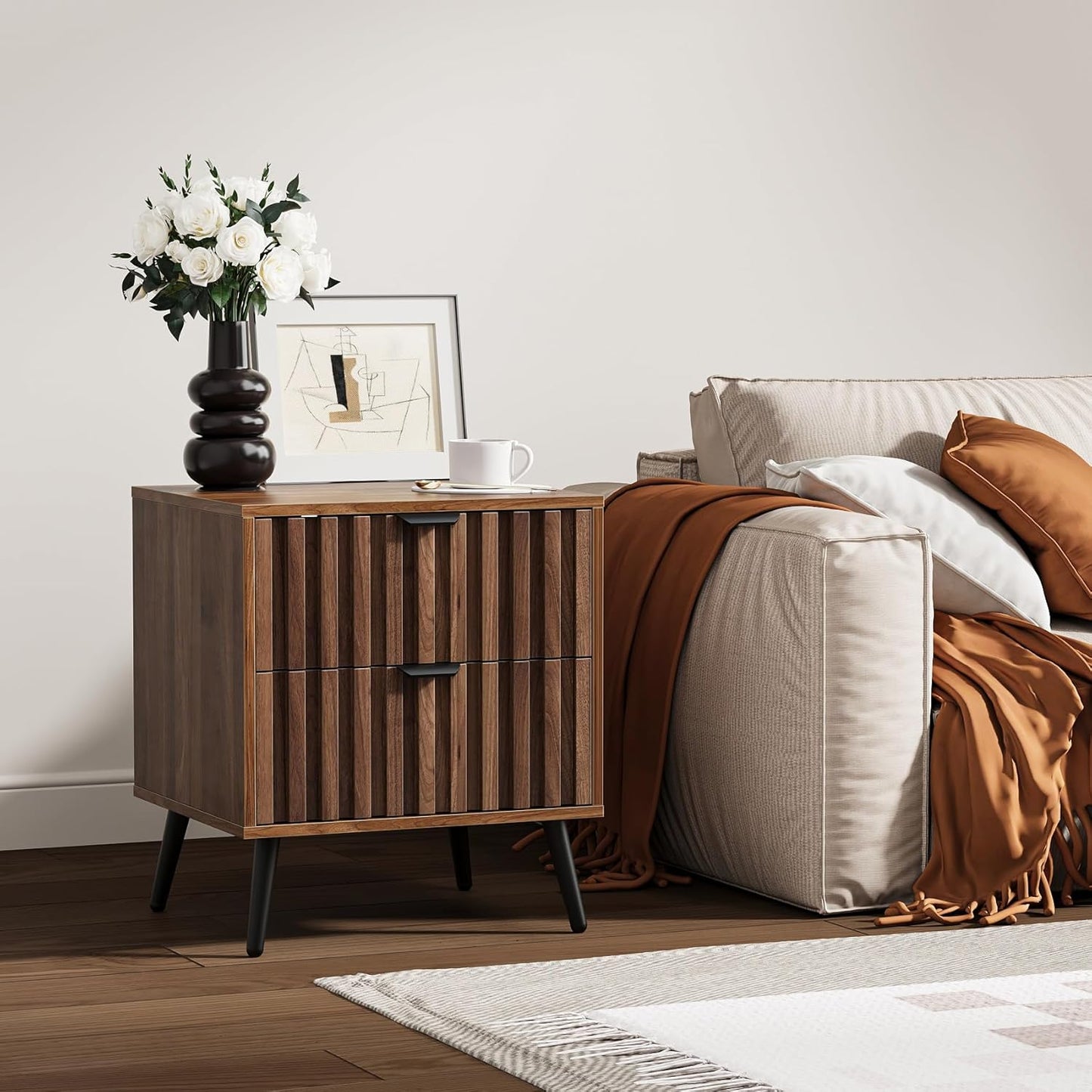 Nightstands, Walnut Fluted Night Stand, Mid Century Modern Nightstand, Bedside Table with Seamless Slatted Drawer, End Tables Bedroom with Metal Legs, Night Stand for Bedroom