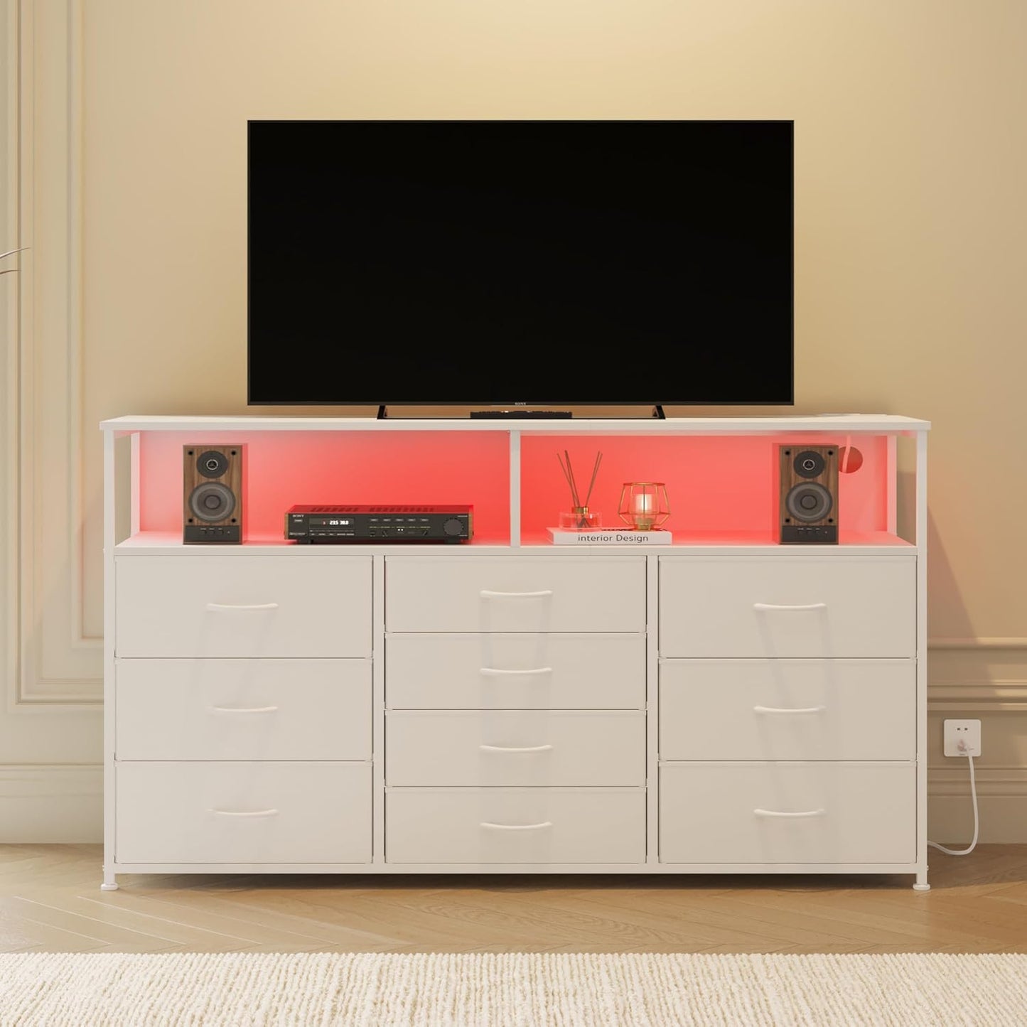 55W 10-Drawers Dresser with 2 Open Storage Shelves, TV Stand Dresser for 55,65 inch TV，with Power Outlets and LED Lights, Fabric Dressers Drawers for Bedroom, Living Room (White)
