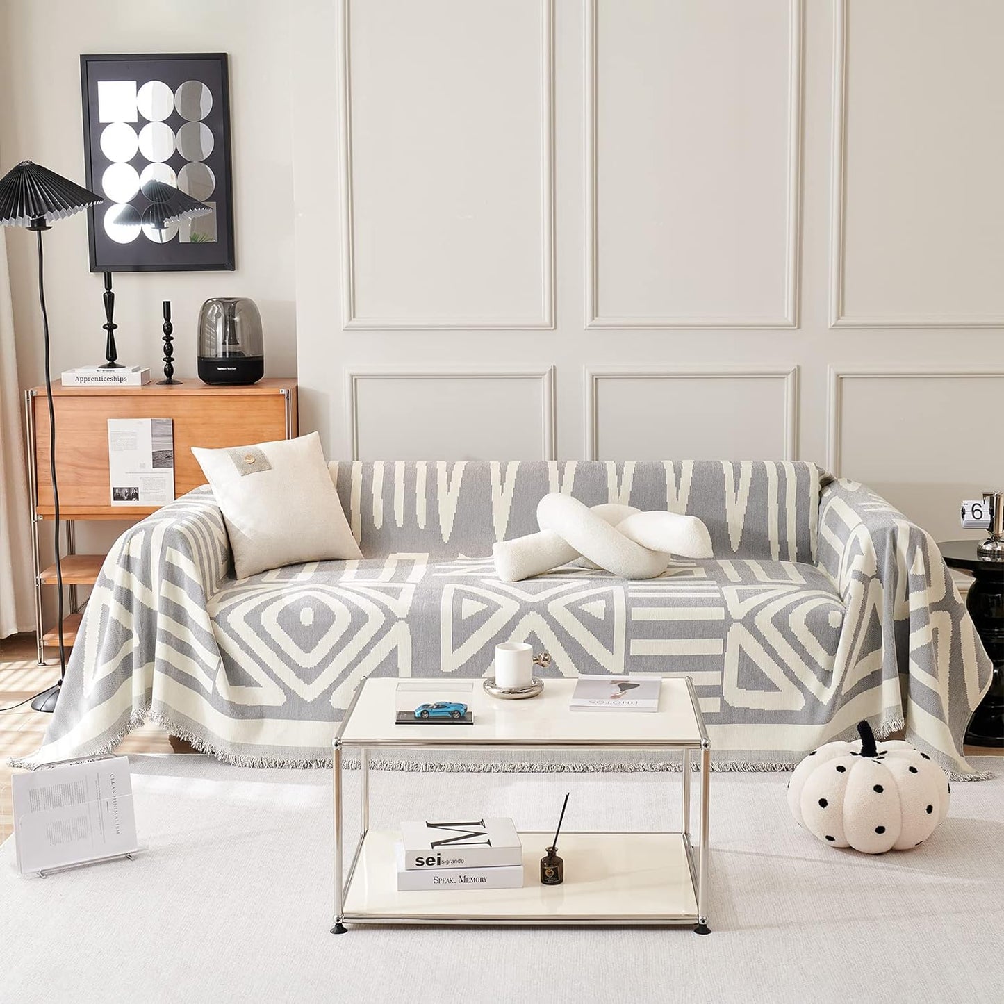 STACYPIK Boho Gray White Cream Sofa Cover Reversible Triangle Geometric Couch Cover Protector Cover Washable Jacquard Furniture Protector for 3 Cushion Couch Multi-Use Sectional Sofa Cover-91X150IN