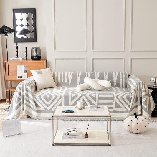 STACYPIK Dark Gray Couch Cover, Boho Chenille Sofa Covers Pet-Friendly, Reversible Non Slip Furniture Protector for 3 Cushion Couch, Modern Triangle Couch Cover for Loveseat,Multi-Use Blanket-71X134IN