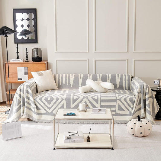 STACYPIK Boho Geometric Couch Cover for Dogs, Soft Chenille Gray Sofa Cover for 2 Cushion Couch, Non-Silp Loveseat Cover for Sectional, Washable Anti-Scratch Pet Furniture Protector Decor-71X118IN