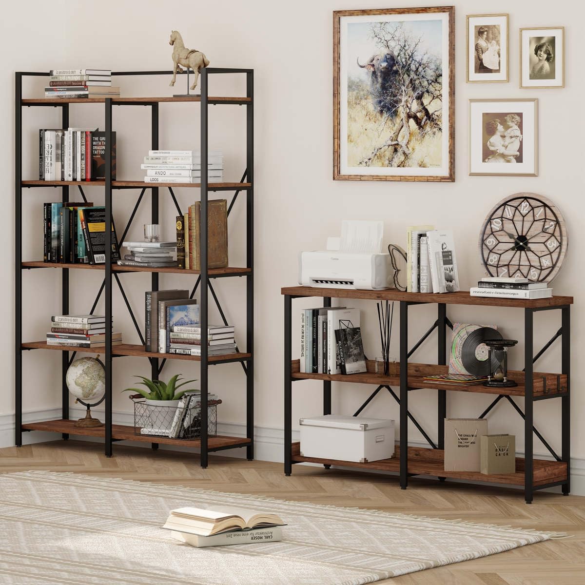 BON AUGURE Rustic Console Table with Shelves, 3 Tier Sofa Table Behind Couch for Living Room, Wood Metal Entryway Tables for Hallway, Foyer, Entrance (47 Inch, Rustic Oak)