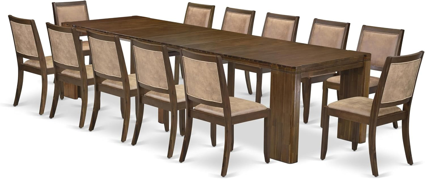 X12X2-008-28 - 13-Pc Dining Room Table Set includes an Extendable Rectangle Kitchen Table and 12 Stackable Polyester Fabric Dining Chairs, 39x120 Inch, Antique Walnut