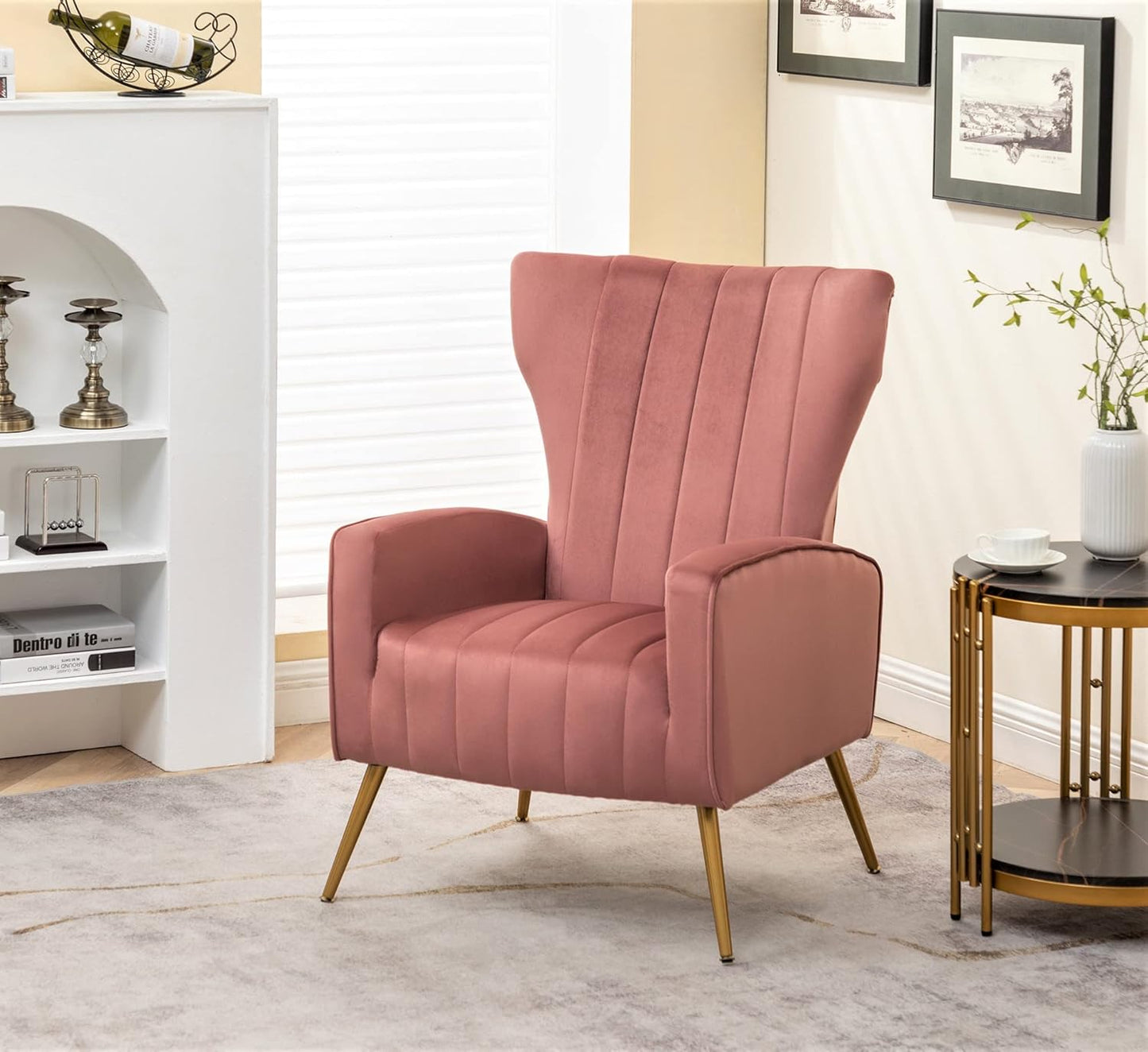 Container Furniture Direct Modern Velvet Accent Chair, Channel Tufted Bedroom, Office or Living Room Furniture with Elegant Metal Legs, 26" Wide Armchair, Rose