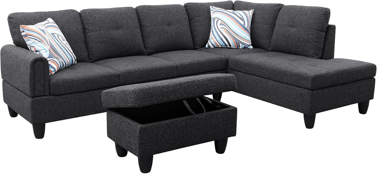 Couches for Living Room Modern L Shaped Couch Comfy Linen Fabric 3 Pieces Sectional Sofa with Chaise, Ottoman with Storage for Office and Small Apartment, Dark Grey
