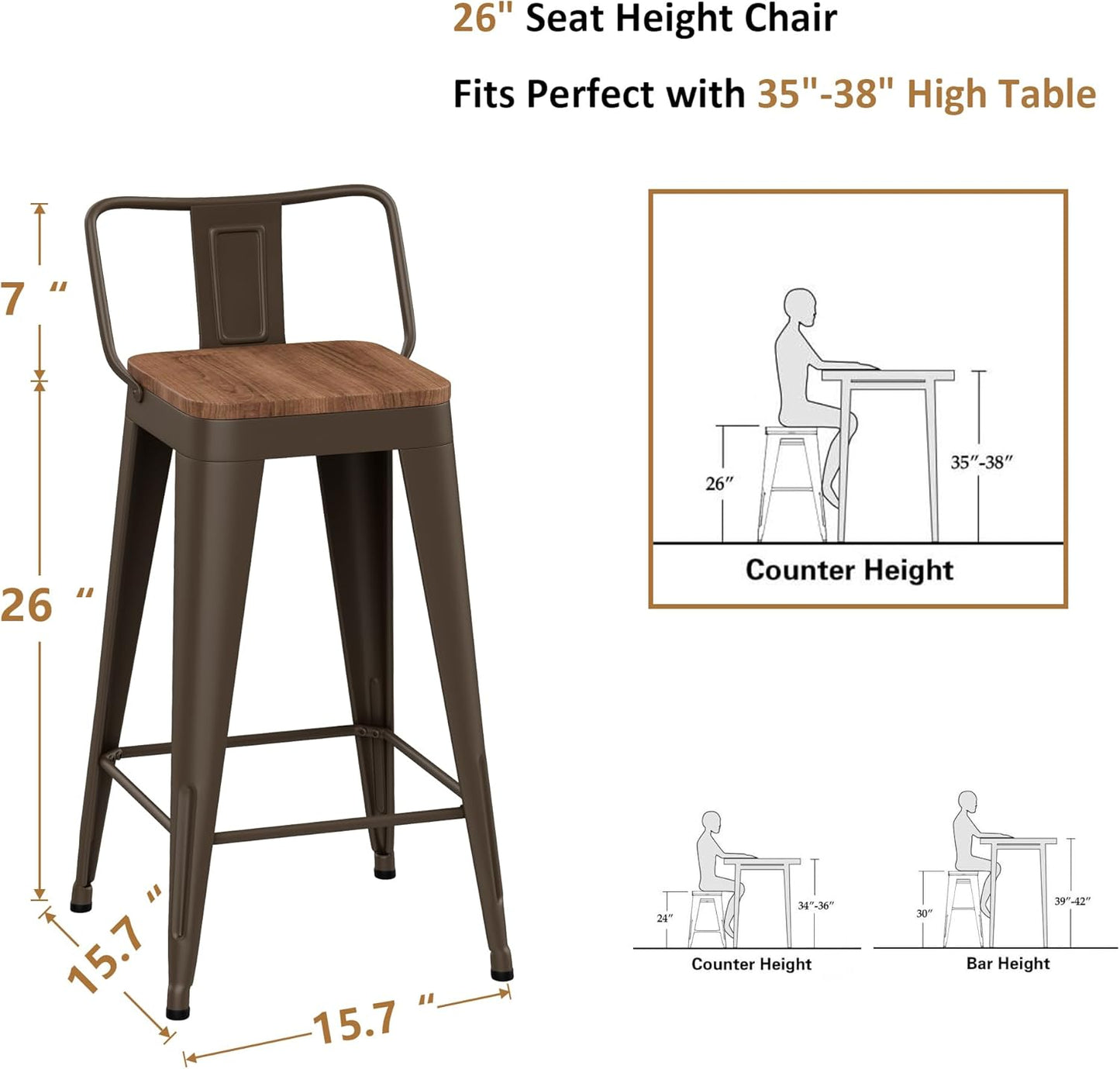 WENTMENT Bar Stools Set of 4 Counter Height Bar Stools Metal Barstools with Removable Back 26" Kitchen Bar Stools with Wooden Seat, Rusty