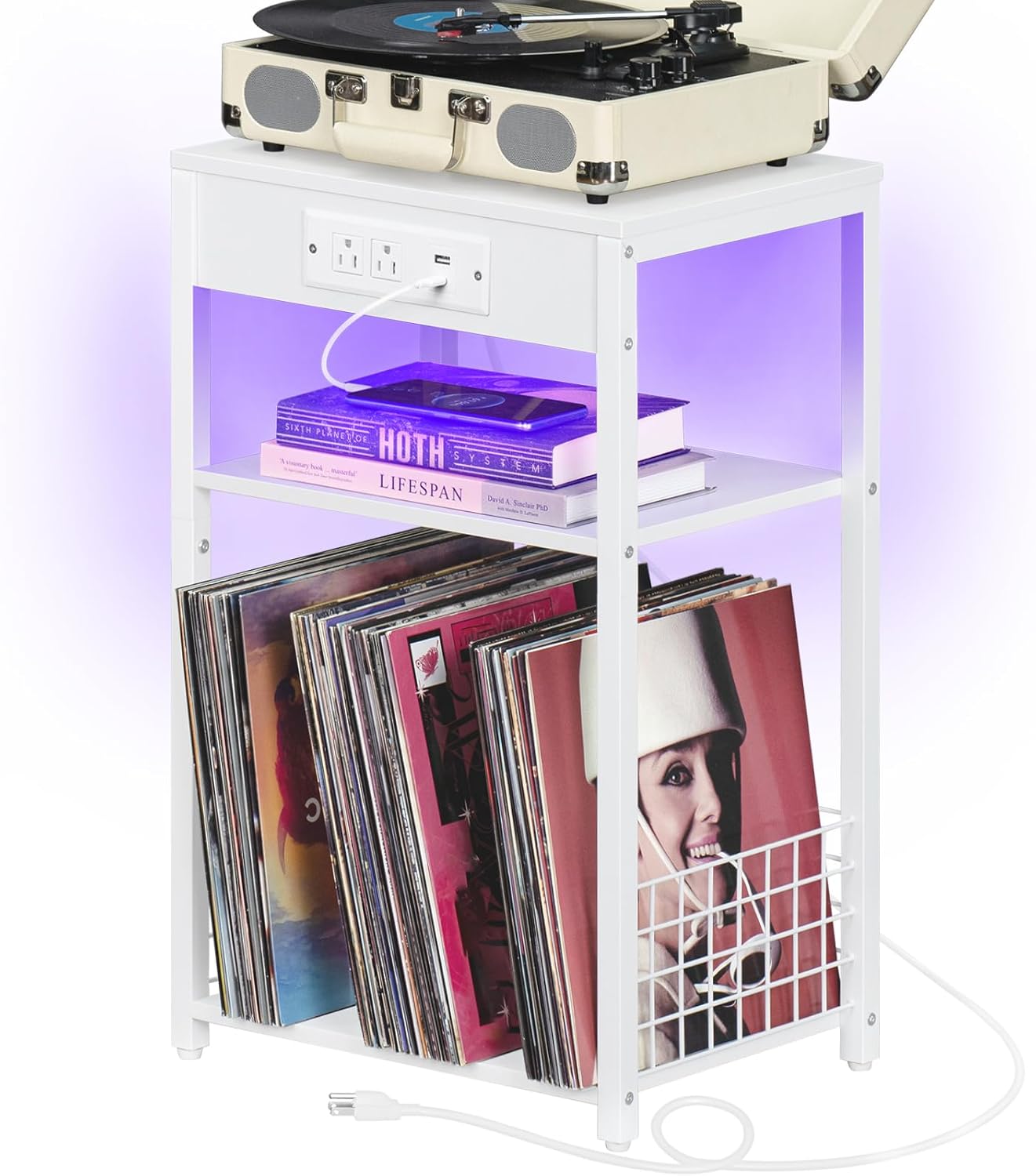 LELELINKY White Night Stand with Charging Station and LED Lights, Record Player Stand with USB Port and Type-C Port, 3 Tier Side Table with Vinyl Storage Shelf, End Tables for Bedroom Small Spaces