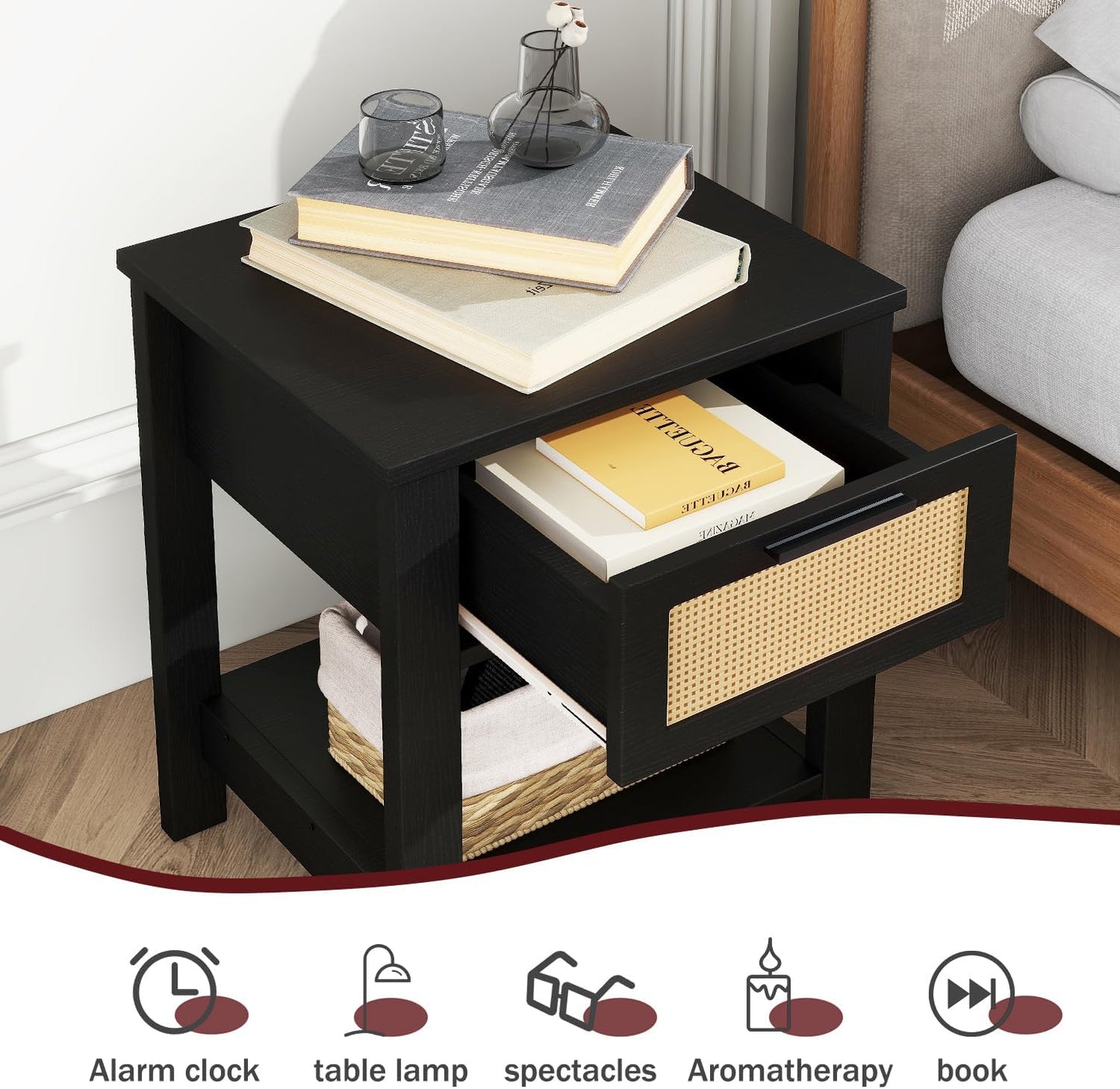 IBUYKE Rattan Nightstand, Boho Night Stand with Drawer, Wood Bedside Tables with Storage Shelf, End Table with Legs for Bedroom, Black UWNS011B