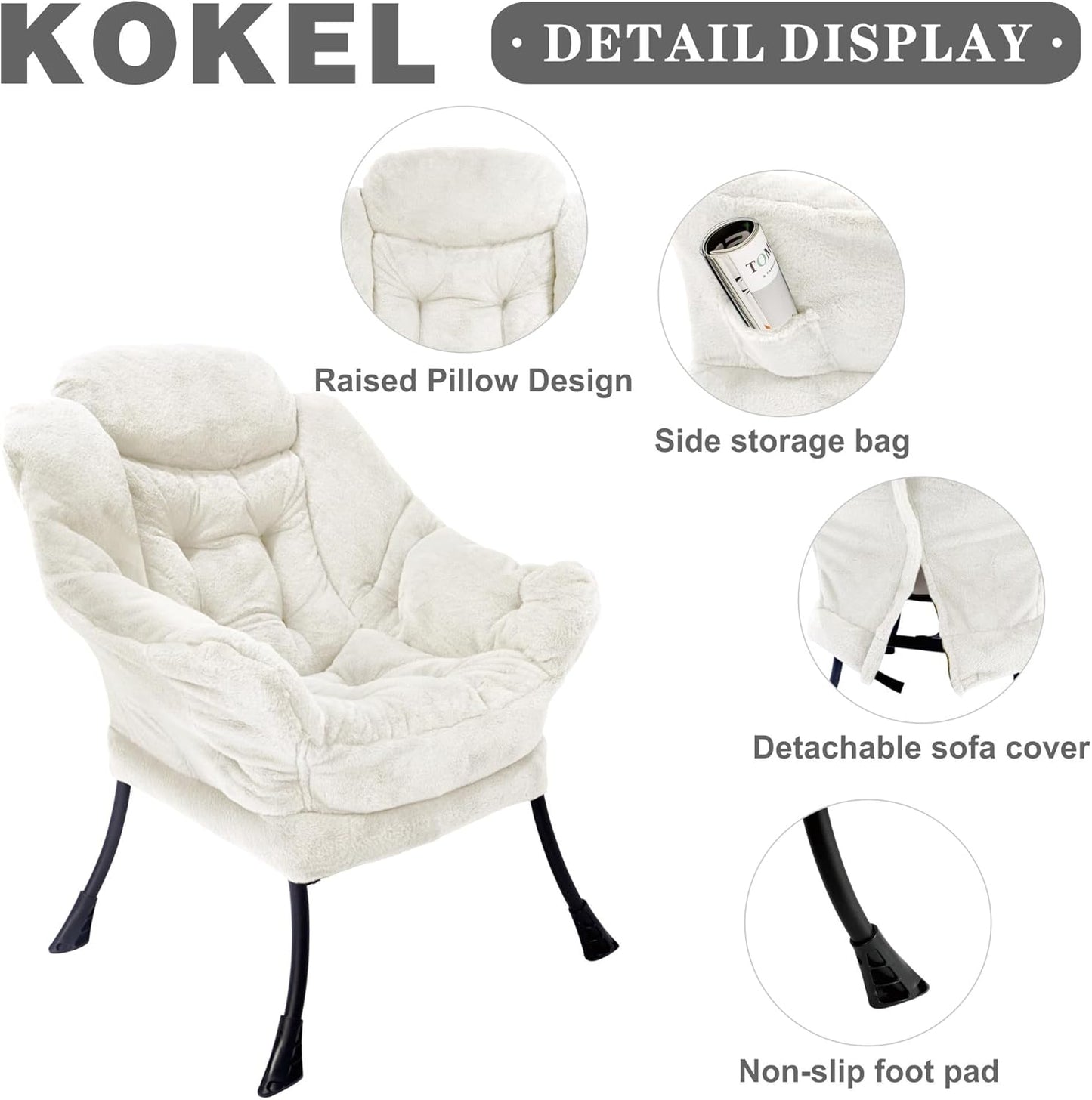 Lazy Chair with Folding Ottoman,Living Room Chairs, Accent Contemporary Lounge Chair, Single Steel Frame Leisure Sofa Chair with Armrests and A Side Pocket (TM3WHITE)