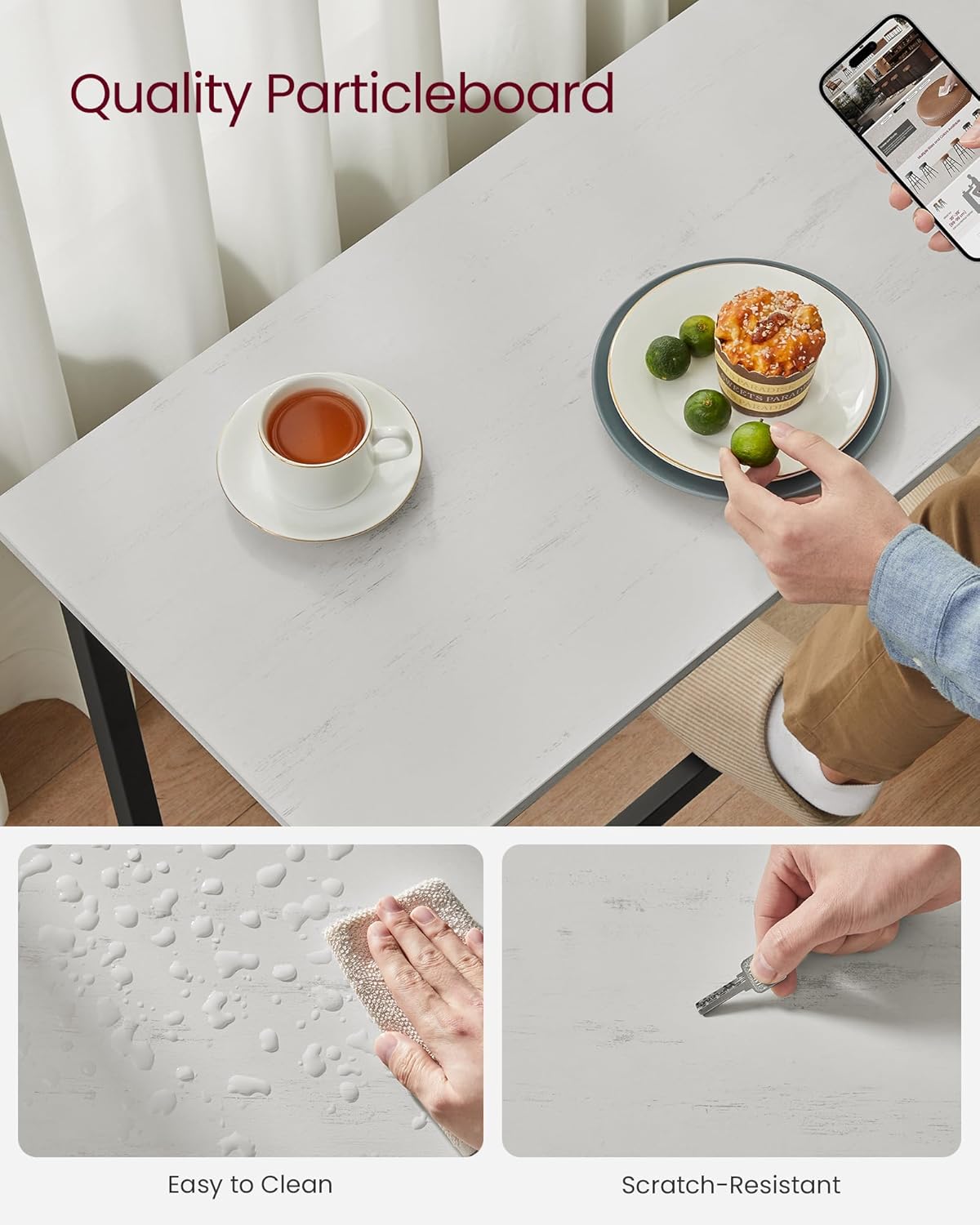 VASAGLE Bar Table, Narrow Long Kitchen Dining Table, Sturdy Metal Frame, Industrial, 15.7 x 39.4 x 35.4 Inches, Rustic White and Ink Black ULBT010B73