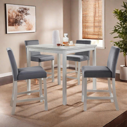Dining Table Set for 4, 5-Piece Dining Room Table Set with Square Crystal Decoration Table & 4 Upholstered Backrest Chairs, Counter Height Kitchen Sets with Wood Grain & Footrest, Grey