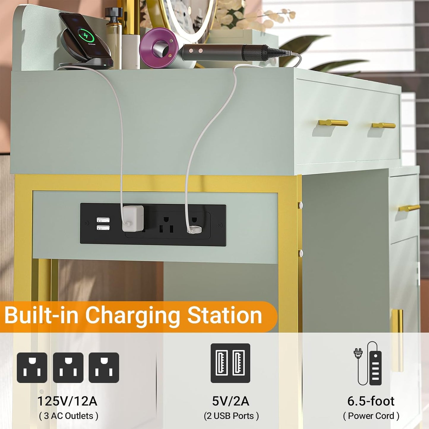 Vanity Desk with 4 Storage Drawers - Modern Makeup Vanity Table with Charging Station, Cyan Vanity Desk with Reversible Cabinet Dressing Table Set with Divided Organizers for Women Girls, Cyan & Gold