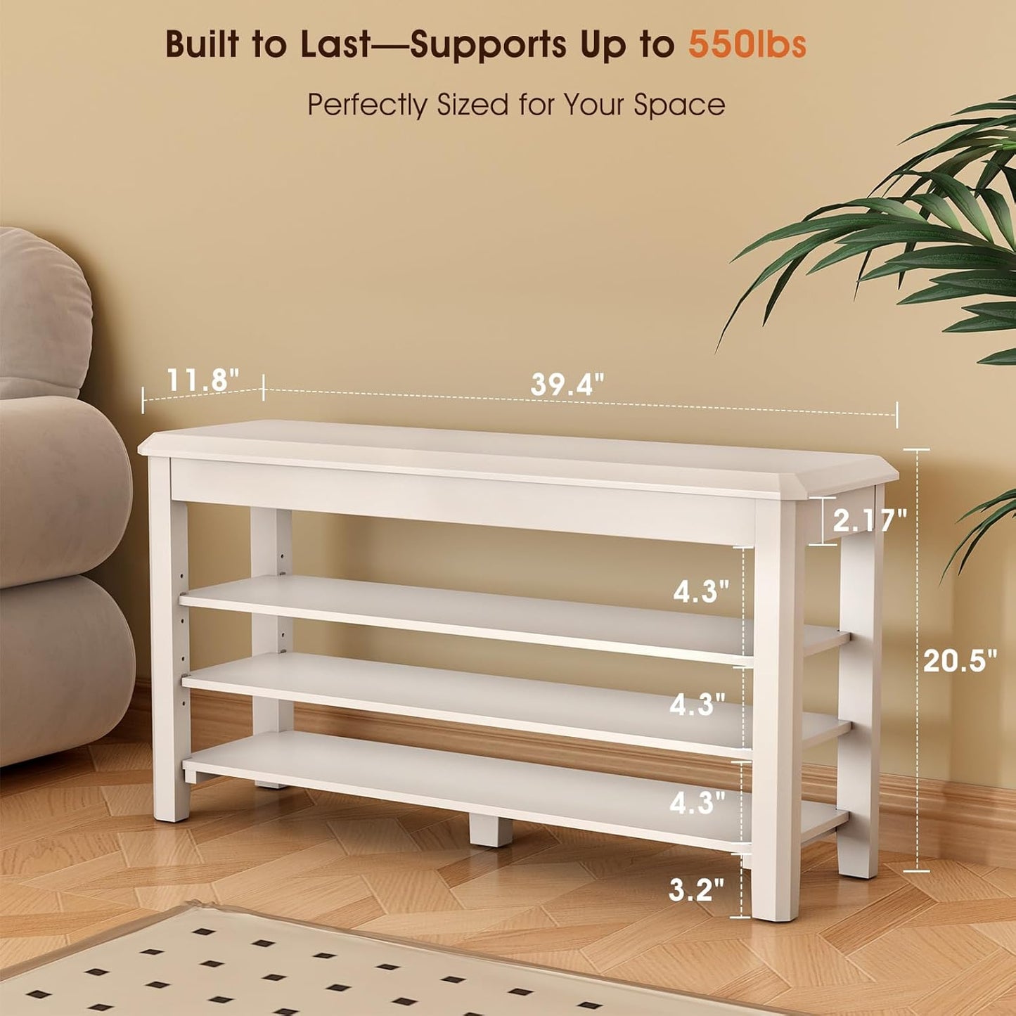 Shoe Rack Bench Seat Rubberwood 3-Tier Wooden Storage Bench 550lbs Compact Mid-Century Modern Design for Entryway, Hallway, Closet, Front Door Entrance, Foyer