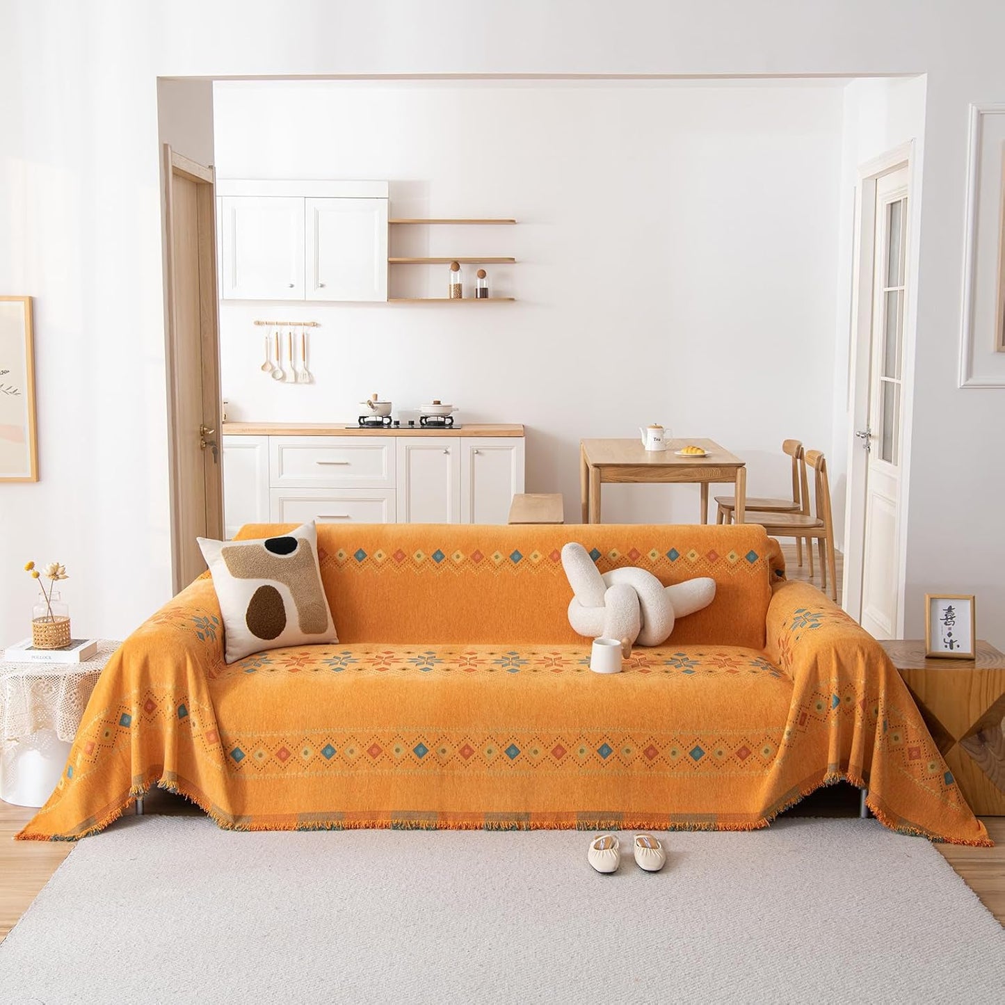 STACYPIK Soft Orange Sofa Cover, Boho Chenille Couch Cover for 2 Cushion Couch, Anti-Slip Jacquard Furniture Protector, Loveseat Cover for Sectional, Multi-use Sofa Slipcover Pet-Friendly-71X118IN