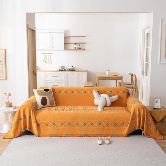 STACYPIK Soft Orange Sofa Cover, Boho Chenille Couch Cover for 2 Cushion Couch, Anti-Slip Jacquard Furniture Protector, Loveseat Cover for Sectional, Multi-use Sofa Slipcover Pet-Friendly-71X118IN