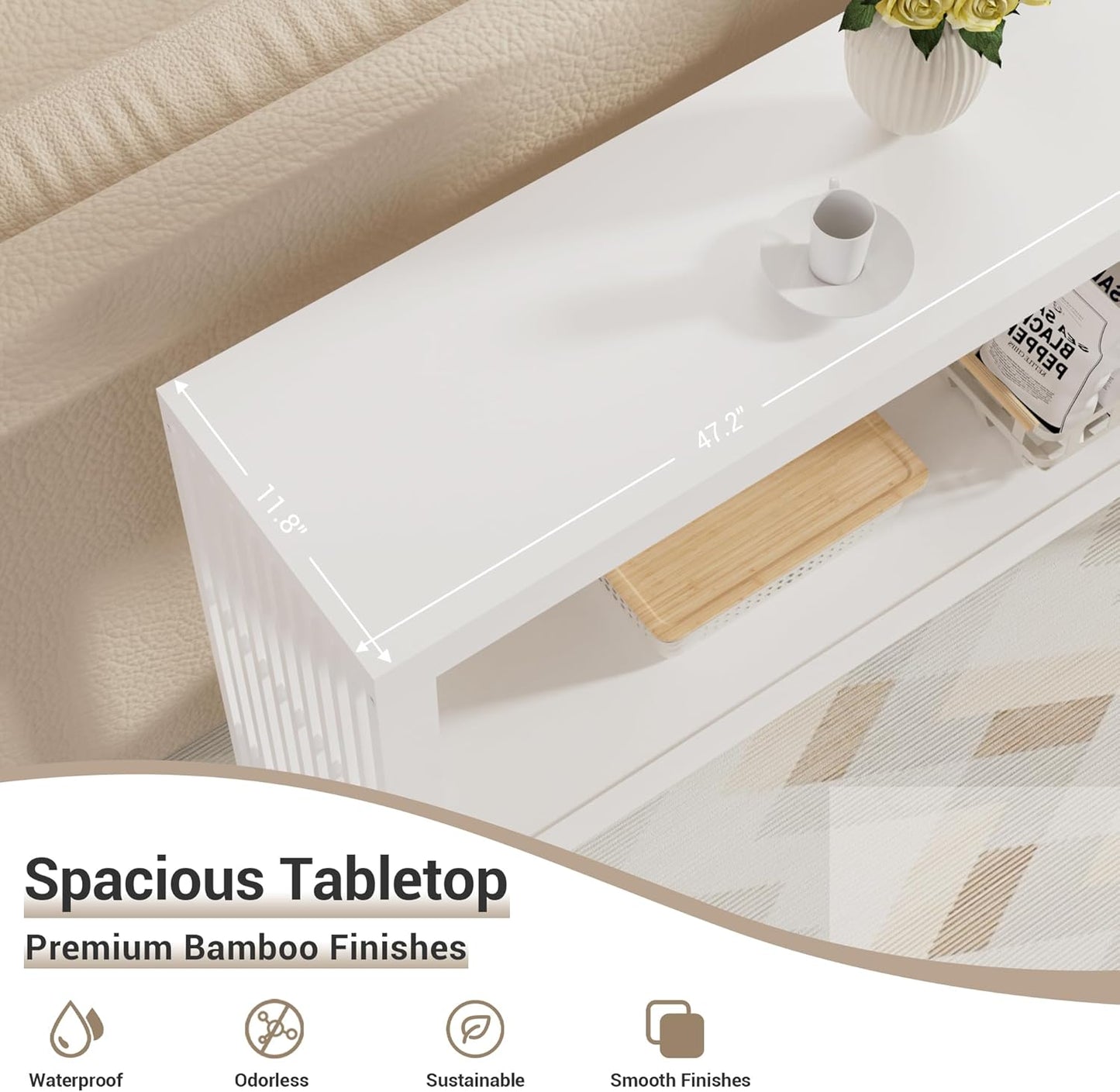 Bamboo Wood Console Table 47.2" Entryway Table, 2-Tier Farmhouse Narrow Sofa Table w/Storage Shelf, Couch Table Behind Sofa Easy Assembly for Entrance, Hallway, Living Room, Foyer(White)