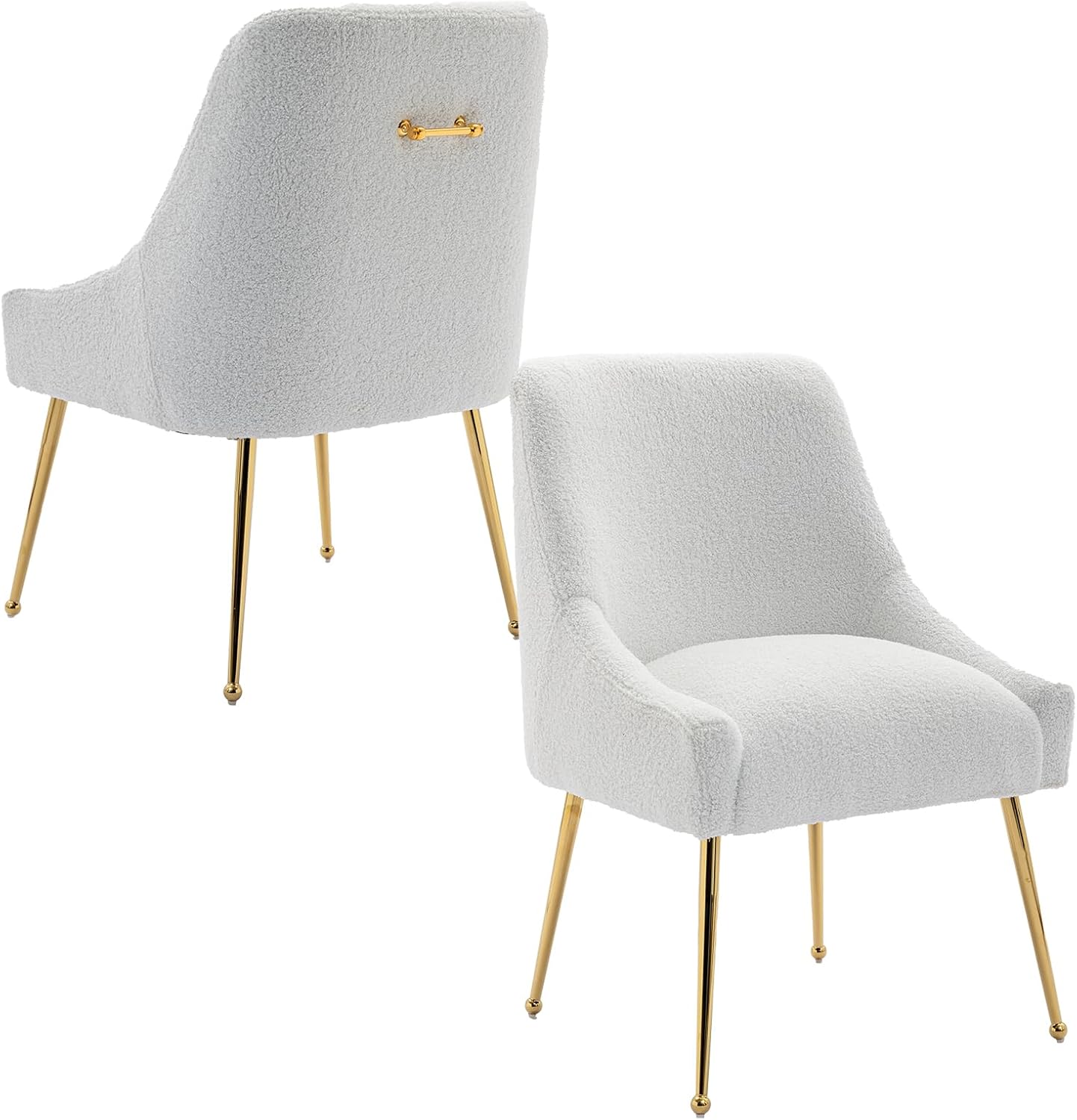 Dining Chairs Medieval Modern Restaurant Chairs, Soft Cushions, Teddy Velvet, Polished Gold Metal Legs, Kitchen Chairs, Living Room White 2-Piece Set