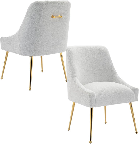 Dining Chairs Medieval Modern Restaurant Chairs, Soft Cushions, Teddy Velvet, Polished Gold Metal Legs, Kitchen Chairs, Living Room White 2-Piece Set