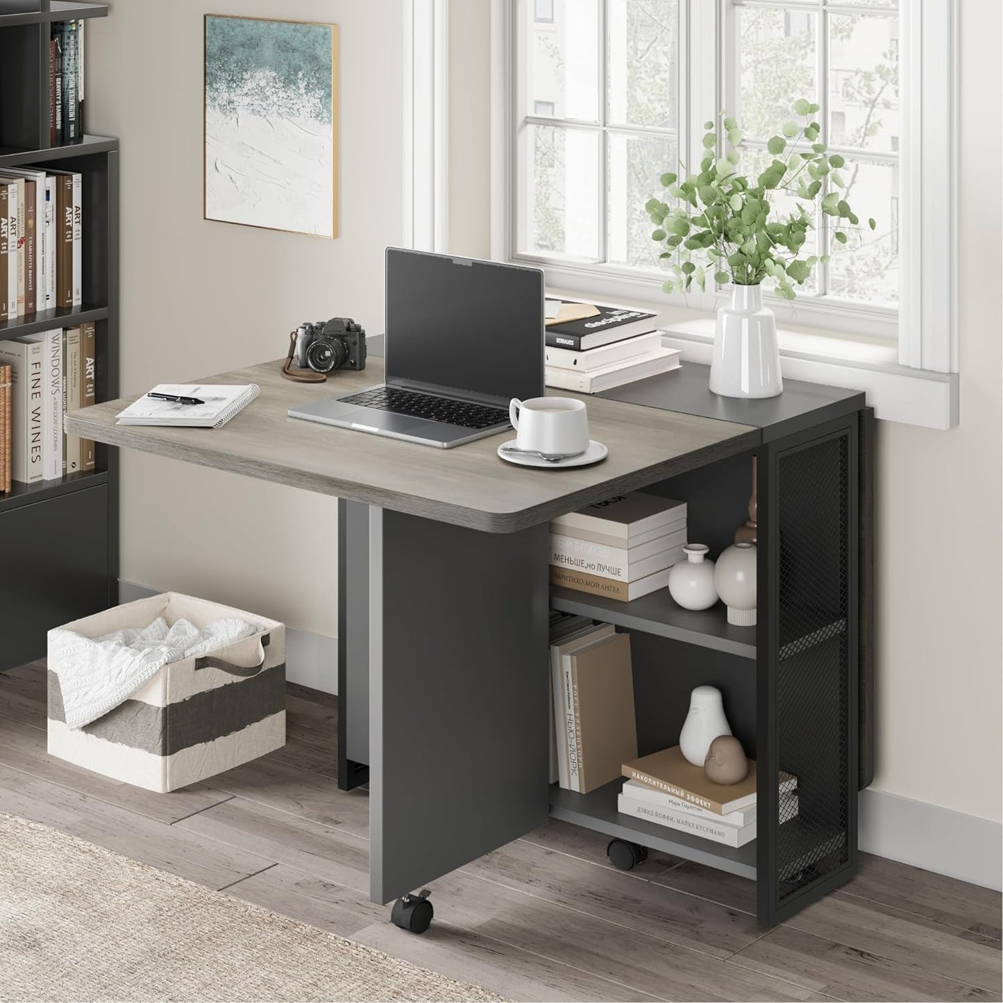 IDEALHOUSE Folding Dining Table, Drop Leaf Dining Table with 6 Wheels and 2-Layer Storage Shelf, Space Saving Dining Table for Small Spaces (Carlo Grey, 50.1" D x 31.4" W x 29.5" H)