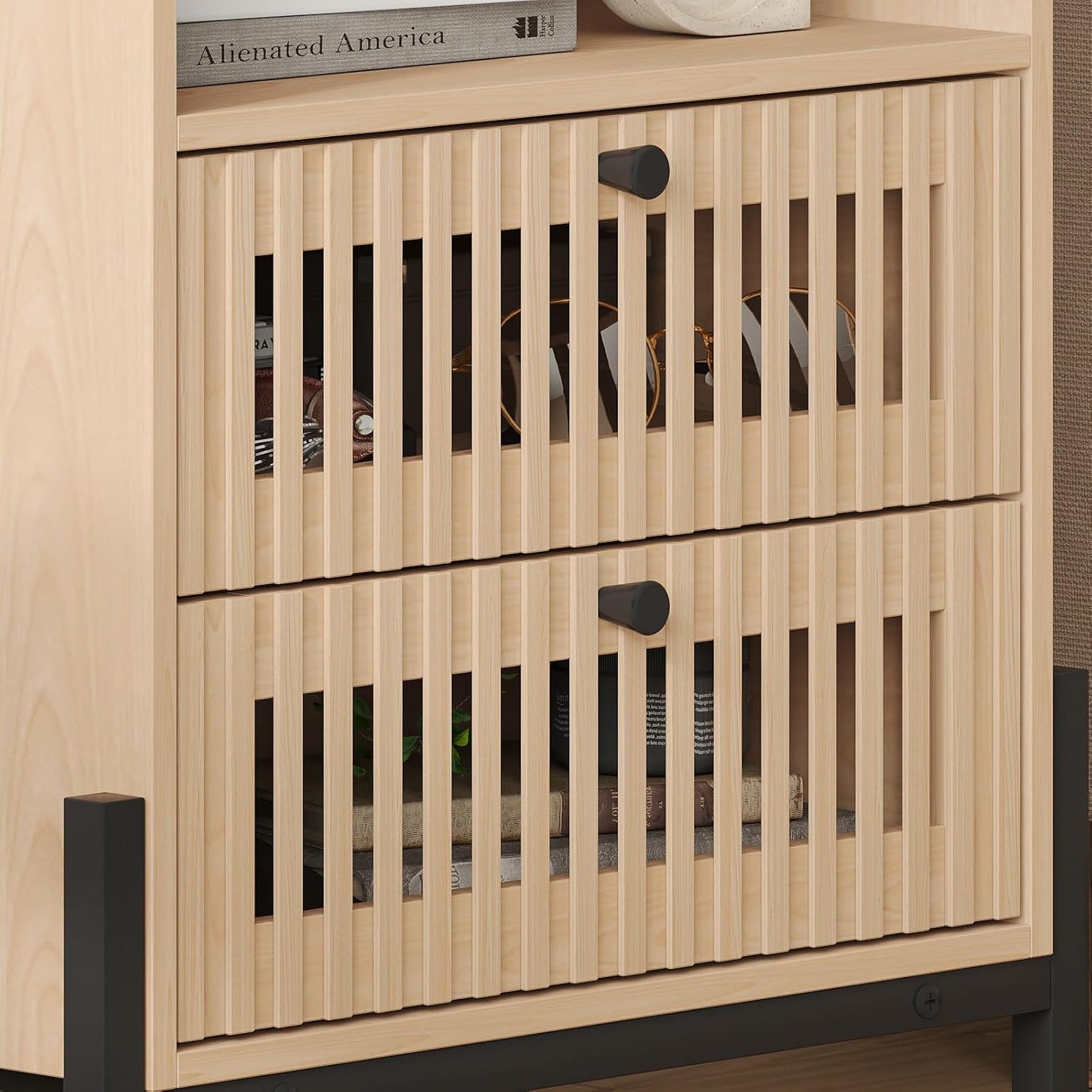 Vabches End Table Industrial Style Nightstand with USB Ports and Outlets, Bedside Table with 1 Open Shelf and 2 Hollowed Drawers for Bedroom, Living Room, Set of 2