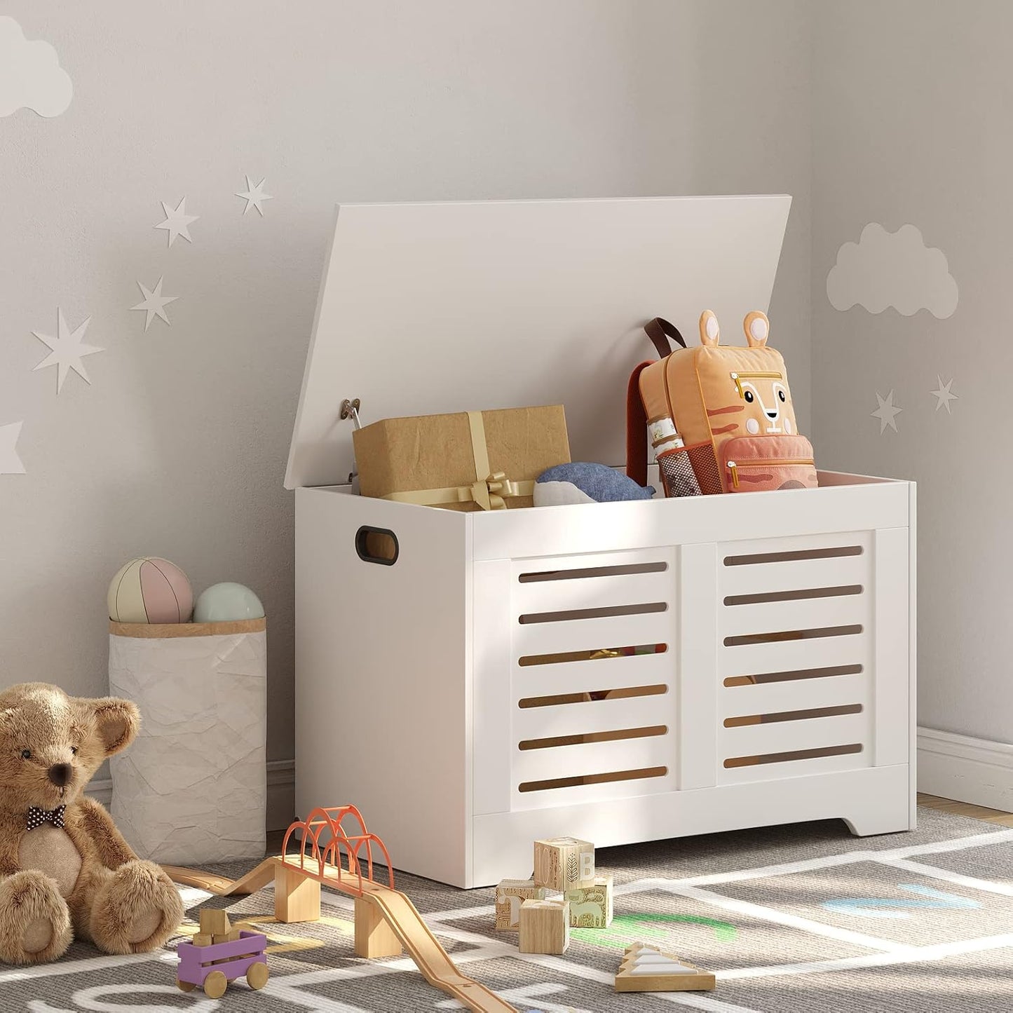 DINZI LVJ Storage Chest, Flip-top Wooden Toy Box Organizer with 2 Safety Hinges, Entryway Shoe Bench, Good Ventilation, Storage Bench for Living Room, Bedroom, Easy Assembly, White