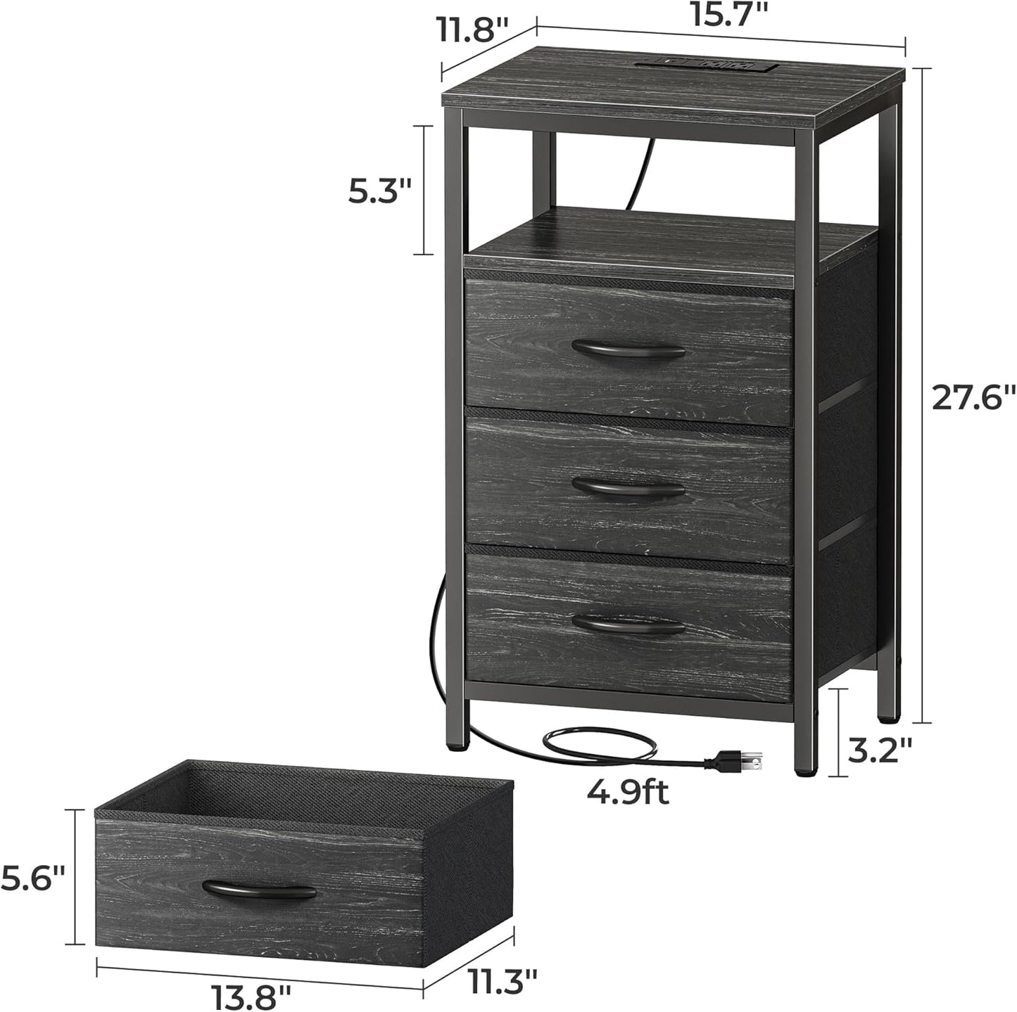 Huuger Nightstand with Charging Station, 27.6 Inch End Table Bedside Table with USB Ports and Outlets, Night Stand for Bedroom, Fabric Drawers, Charcoal Black Wood Grain Print