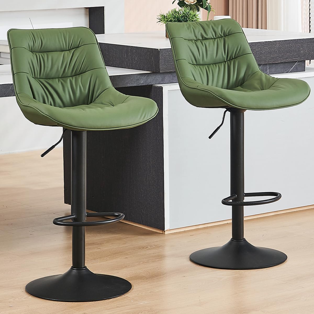 Kidol & Shellder Bar Stools Set of 2 Adjustable Swivel Green, PU Leather Upholstered with Back, Modern Counter Height Stools for Kitchen Island, Home Bar