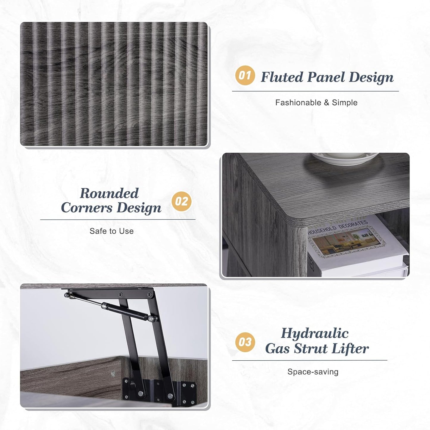 LYNCOHOME Fluted Lift Top Coffee Table with Storage,Modern Center Table for Living Room, Home Office（Grey）