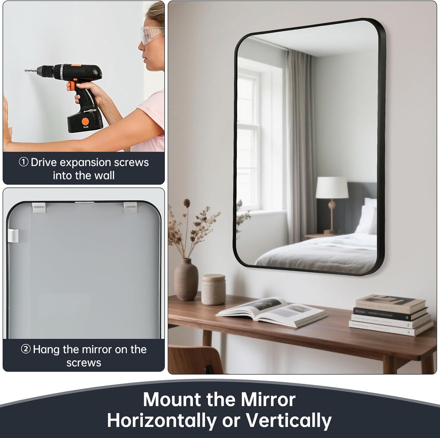 16x24 Inch Bathroom Mirror for Wall,Matte Black Framed Rectangle Mirror with Rounded Corner,Aluminum Alloy Framed Brushed Wall Mirror for Bedroom or Living Room,Vertical or Horizontal