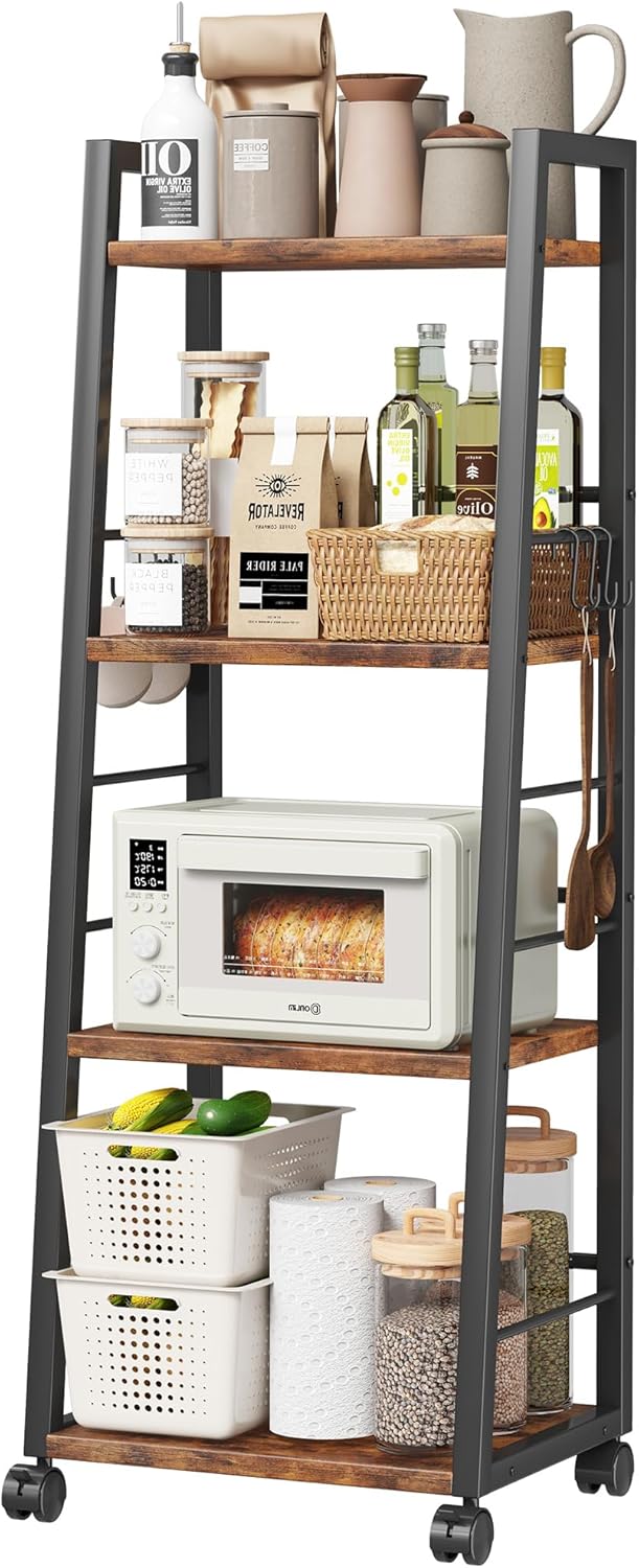 4 Tier Kitchen Storage Cart with Lockable Wheels & 6 Hooks, Mobile Utility Organizer Rolling Cart for Small Spaces, Bar Cart for Kitchen and Living Room, Rustic Brown