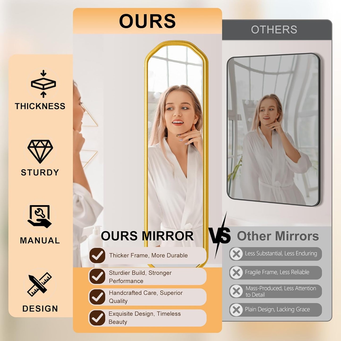 Modern Slim Wall Decor Mirror 10"x44" Gold - Skinny Wall Decor for Entryway, Bedroom, Nursery, Luxury Metal Frame with Anti-Shatter Glass