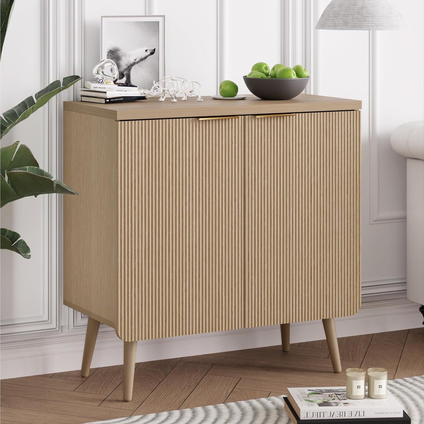 Buffet Cabinet with Storage, Wood Fluted Multifunctional Storage Cabinet with 2 Doors, Sideboard Buffet Credenzas for Living Room, Entryway, Hallway, Natual Oak