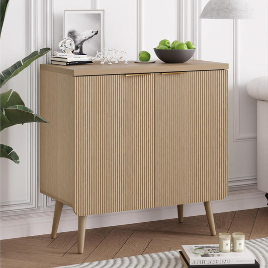 Buffet Cabinet with Storage, Wood Fluted Multifunctional Storage Cabinet with 2 Doors, Sideboard Buffet Credenzas for Living Room, Entryway, Hallway, Natual Oak