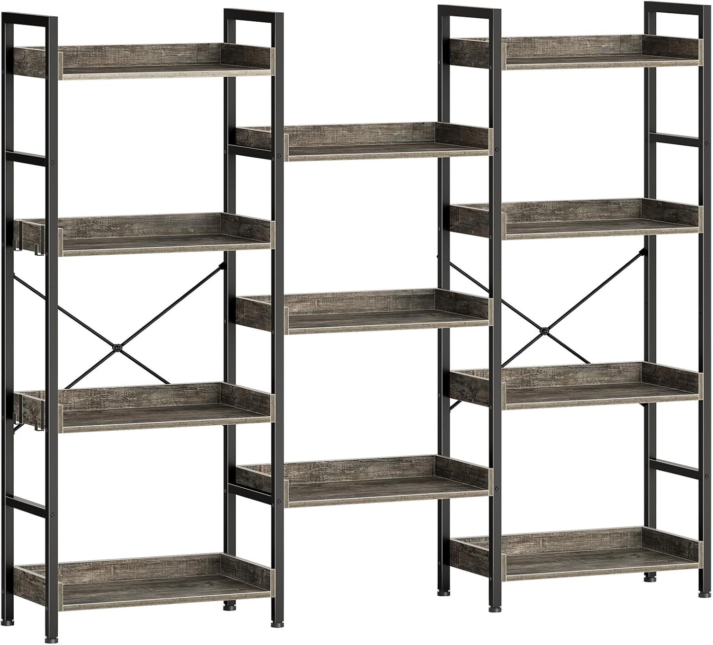 Rolanstar Bookshelf 4 Tiers with 4 Hooks, Triple Bookcase with Open Display Shelves, Industrial Wide Bookshelf with Metal Frame for Living Room, Office, Grey